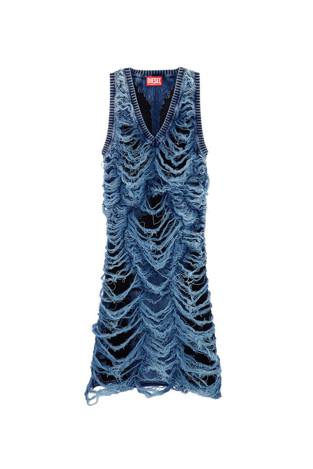 Robe courte en maille indigo effet destroy