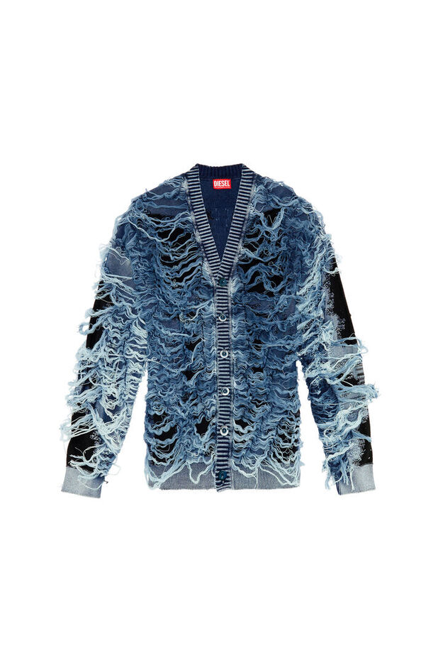 Cardigan indigo effet destroy avec col en V