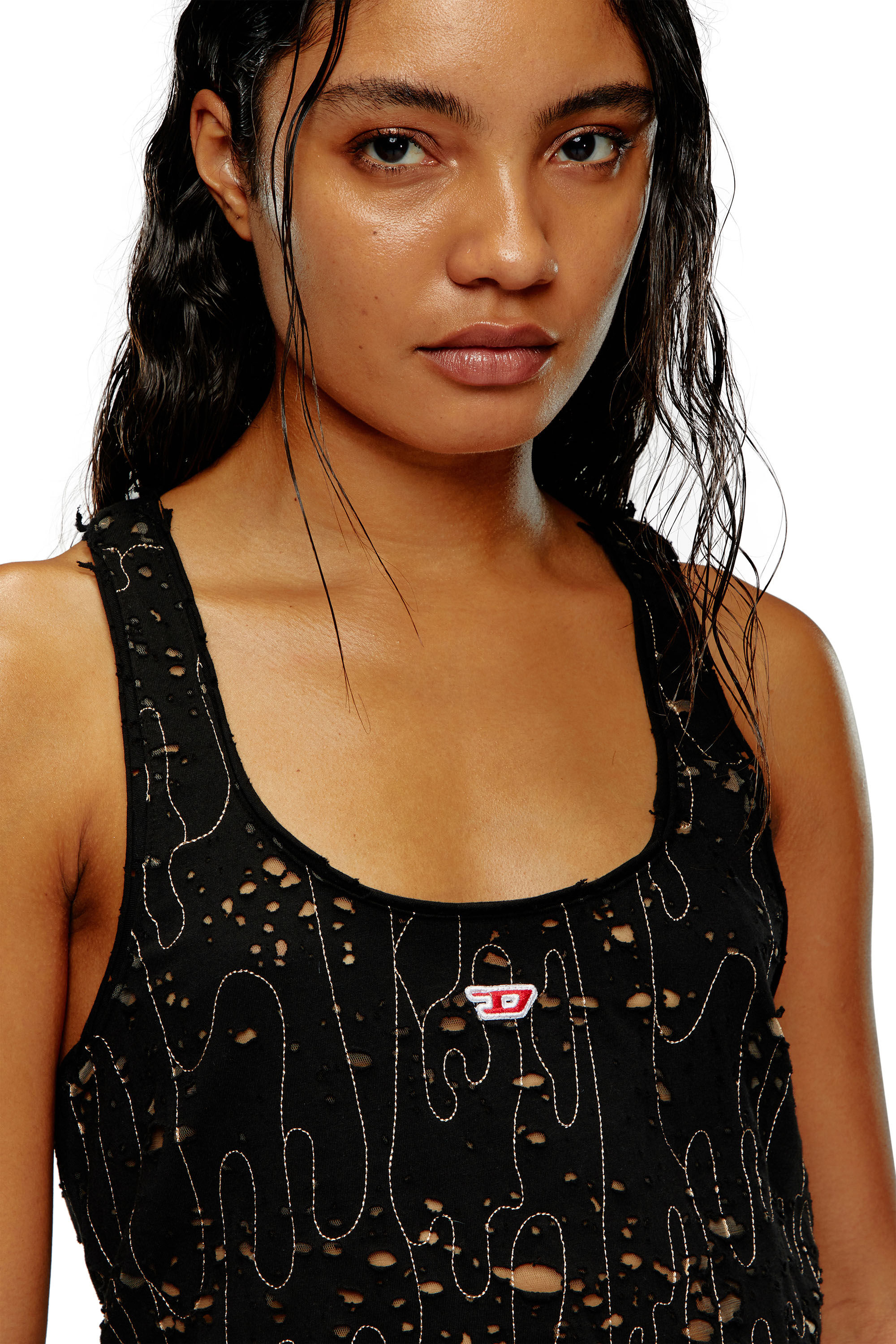 Diesel - T-BILS-DEV, Débardeur en tulle et jersey destroy Femme in Noir - 5