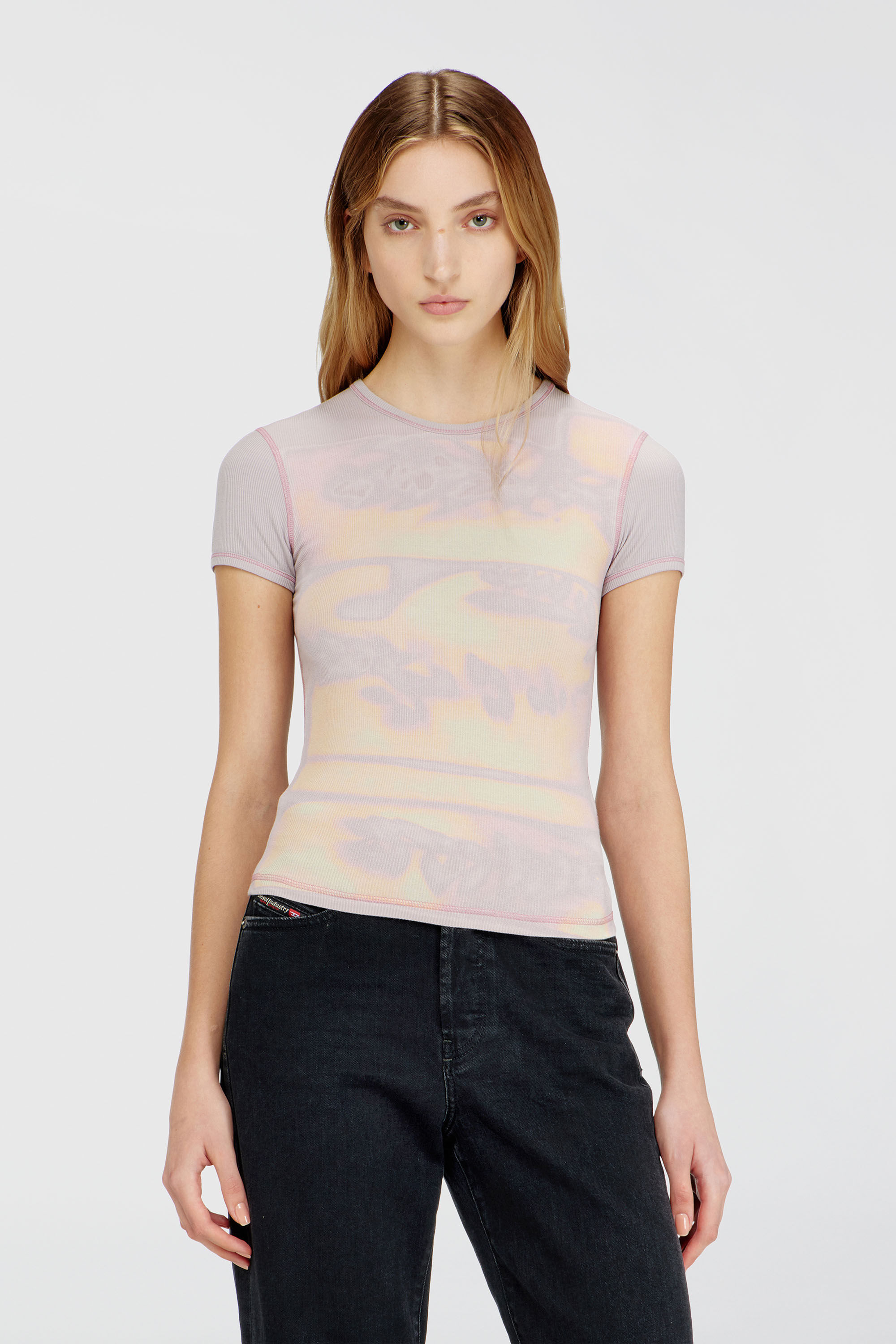 Diesel - T-ELE-LONG-AA1, Haut slim en jersey avec imprim&eacute; graphique Femme in Violet - 3