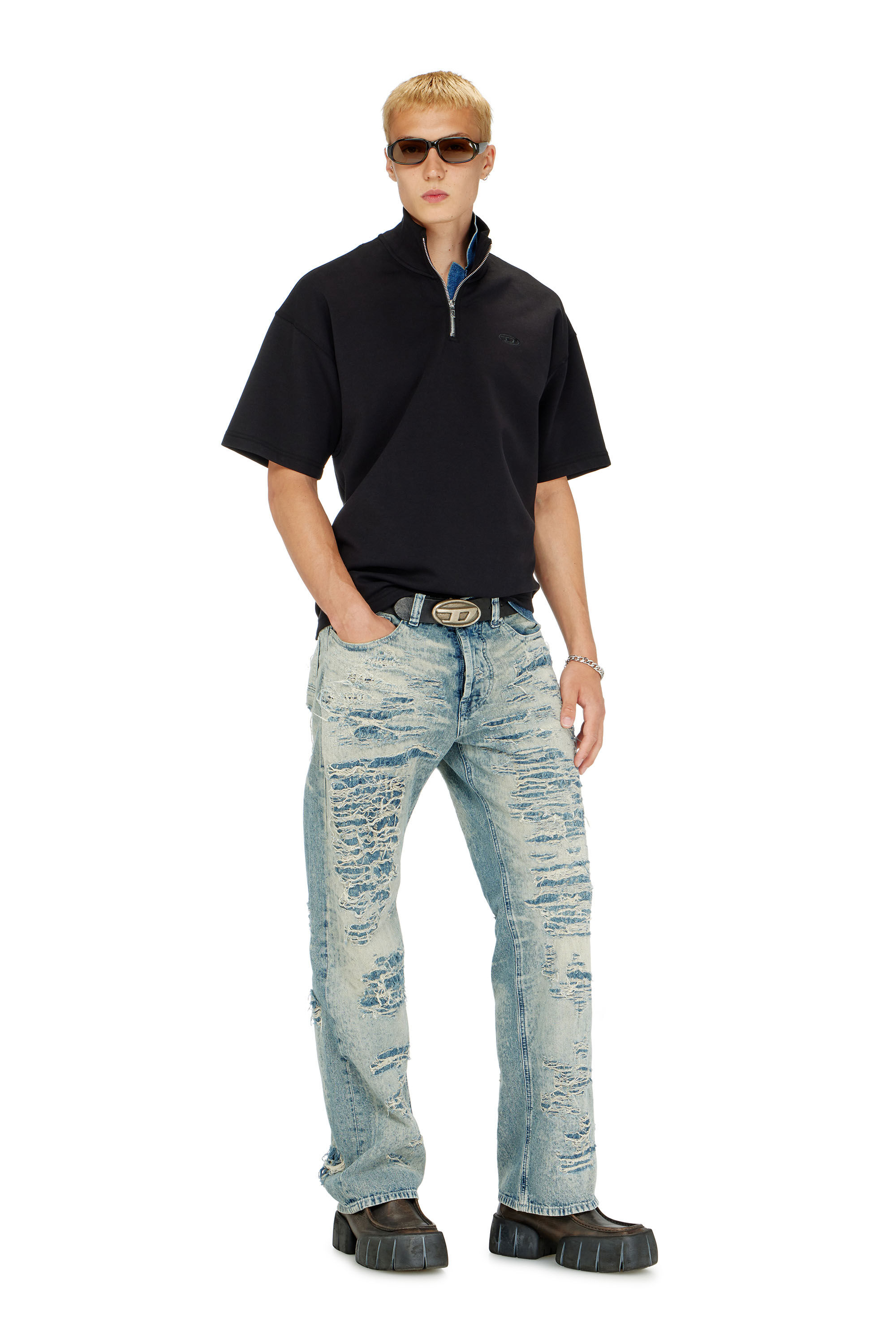 Diesel - S-CUBY, Sweat-shirt &agrave; manches courtes zipp&eacute; en scuba l&eacute;ger Homme in Noir - 1