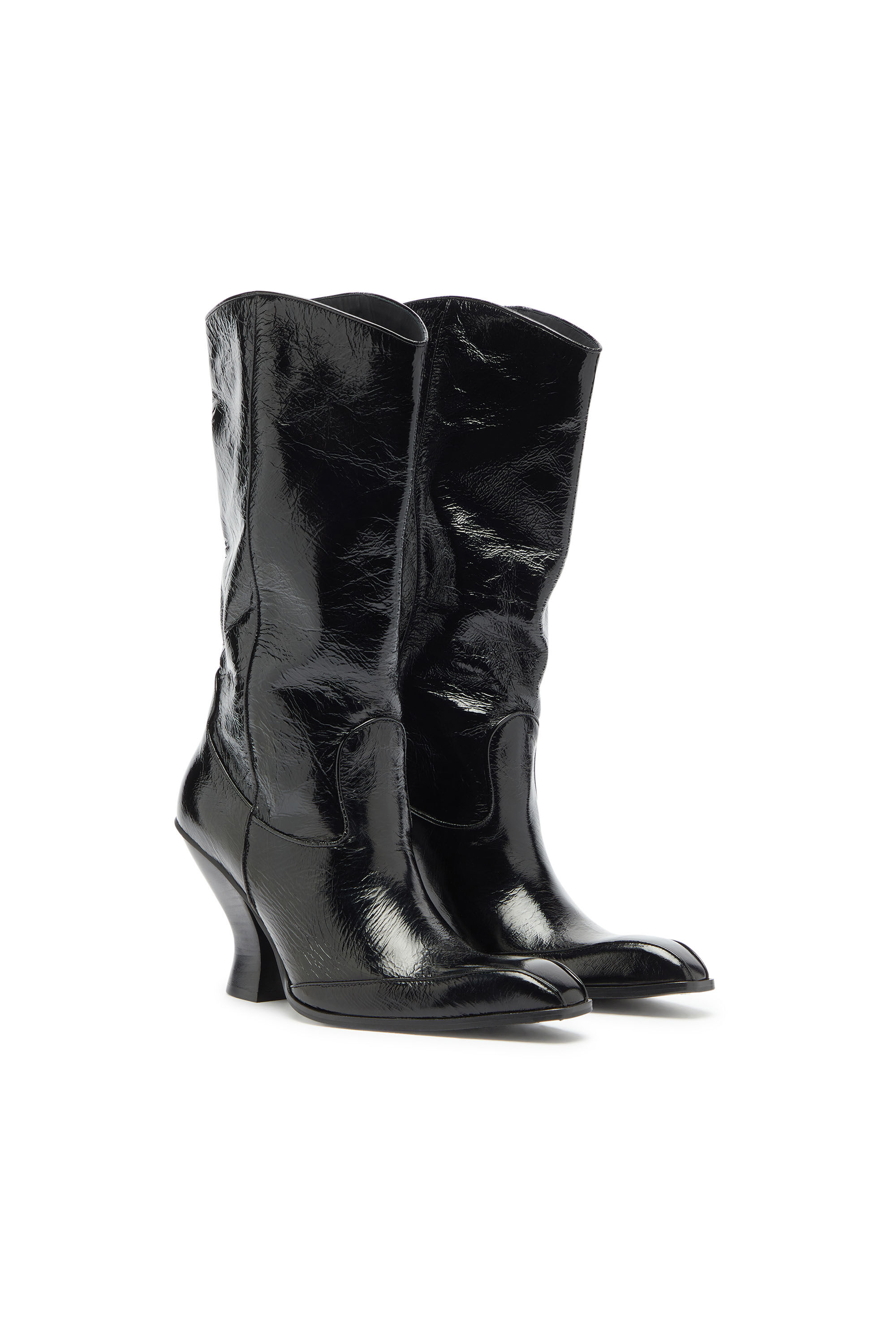 Diesel - D-LUFFY-75-TUBE, D-Luffy - Bottes hauteur genou en cuir verni Femme in Noir - 2