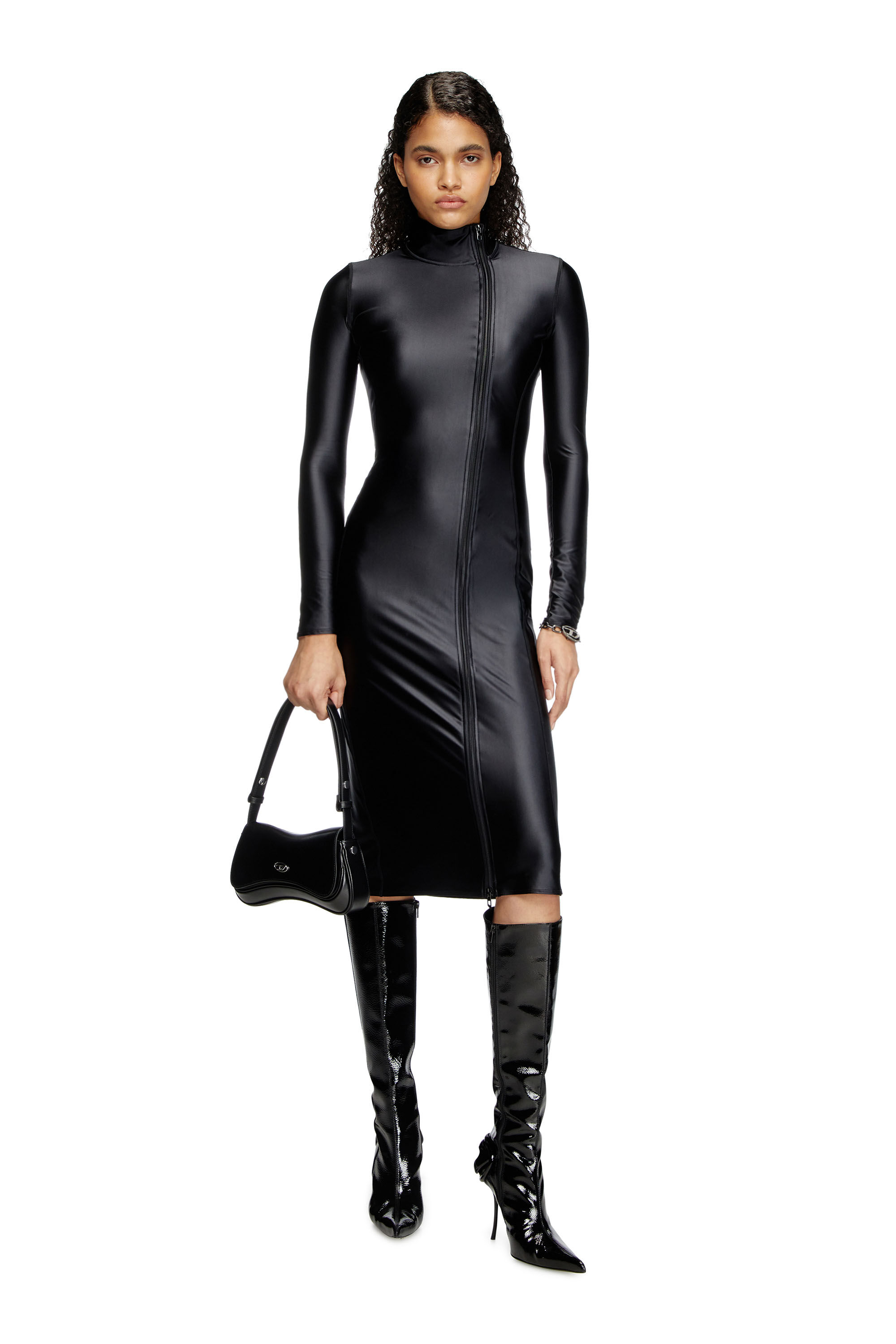 Robe midi a manches longues et col montant avec finition en chintz Femme Noir Diesel