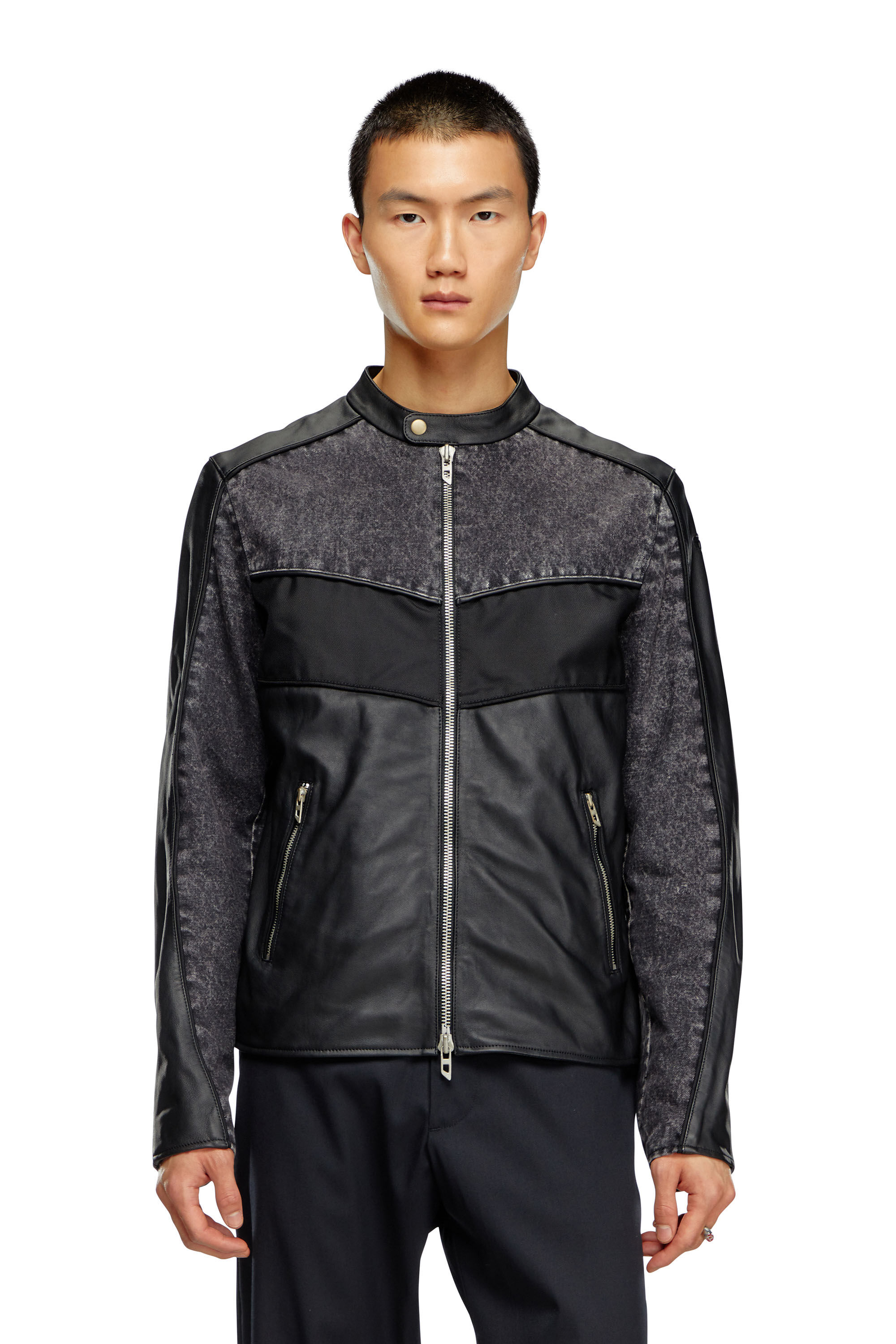 Veste en cuir avec empiecements en denim Homme Noir Diesel