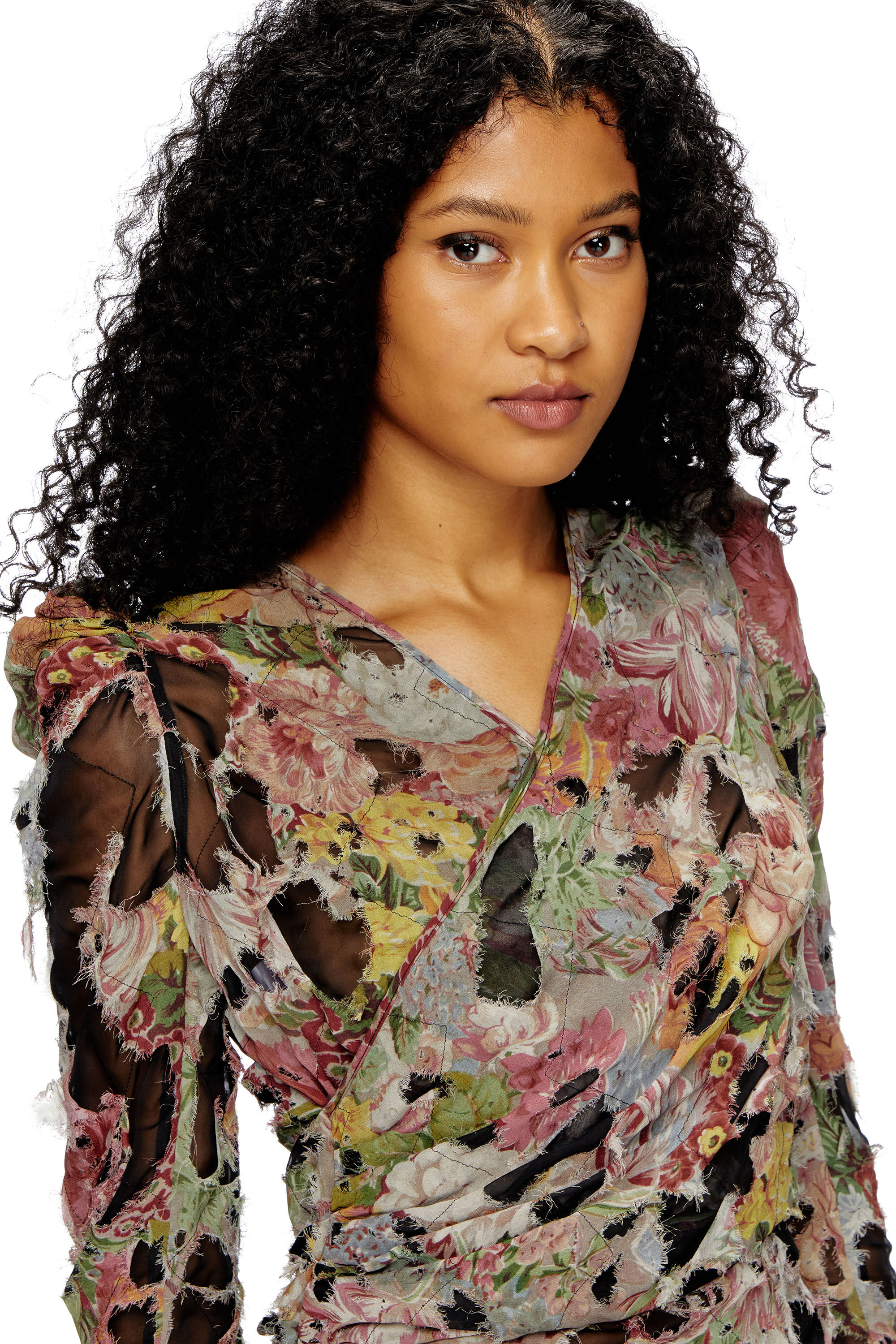 Robe midi en viscose fleurie effet devore Femme Noir Diesel