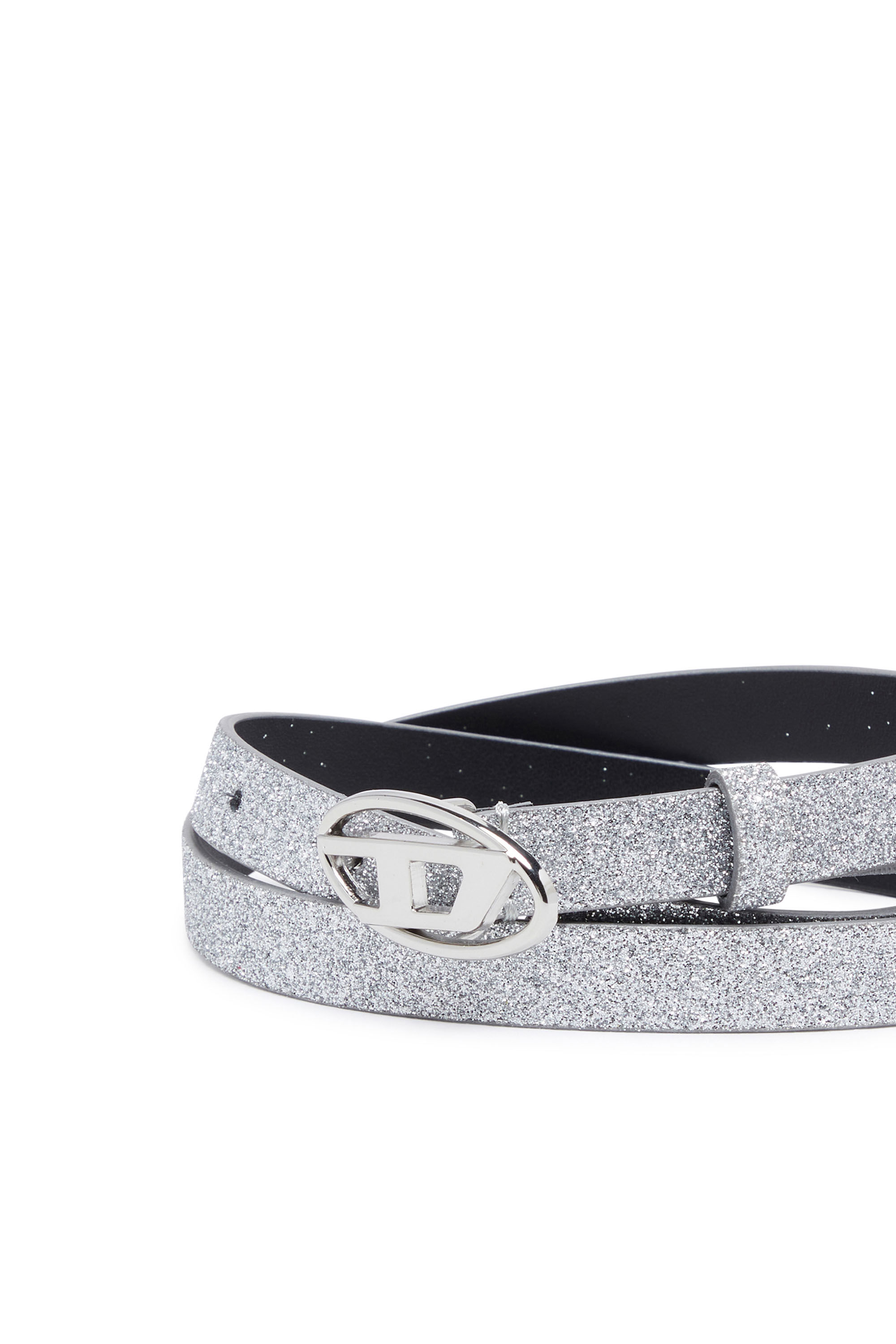 Diesel - B-1DR 15, Woman Slim glittery belt with Oval D buckle in Silver - Image 3