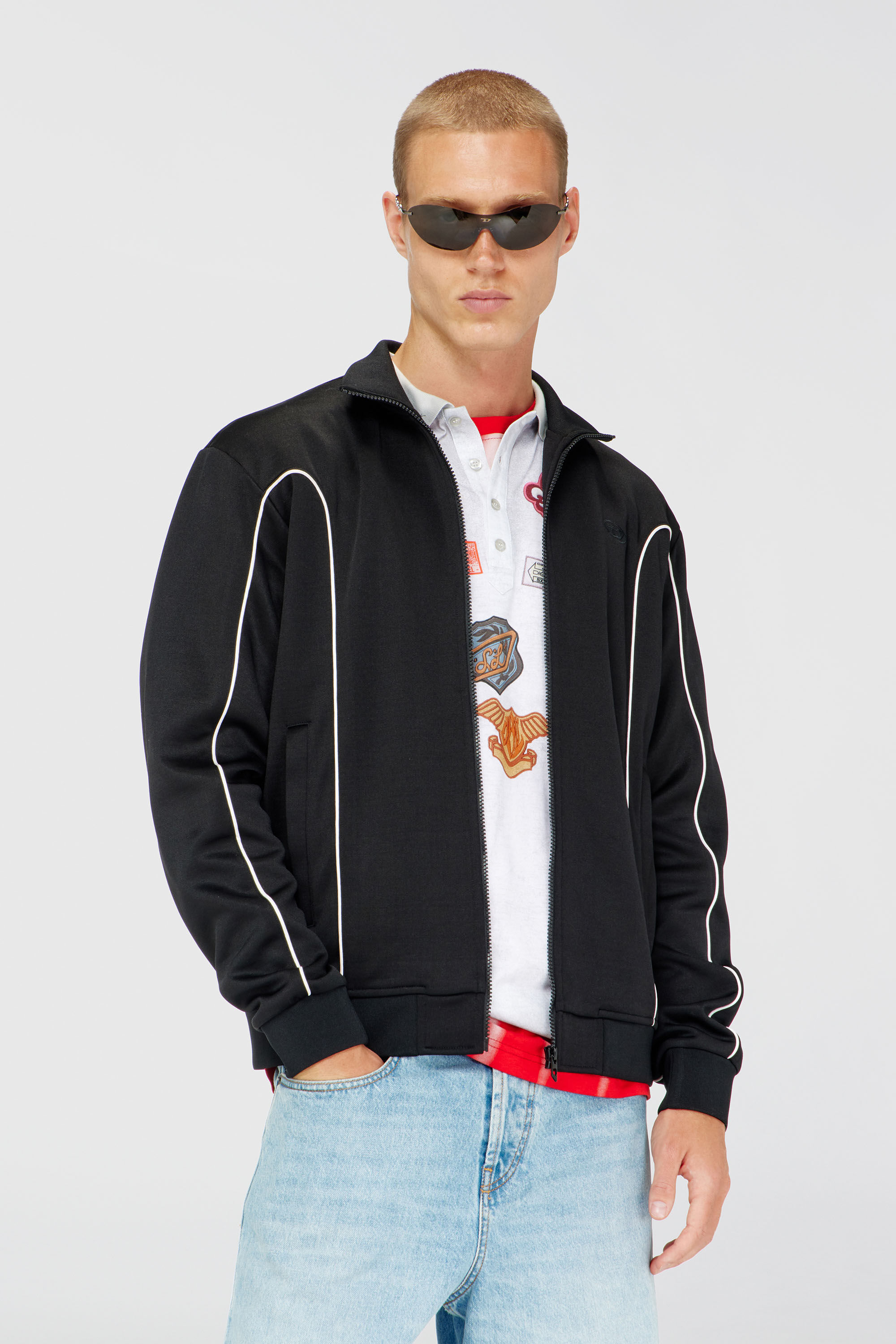 Diesel - S-LOCKING-DO, Veste de surv&ecirc;tement en tissu molletonn&eacute; avec passepoil contrastant Homme in Noir - 3