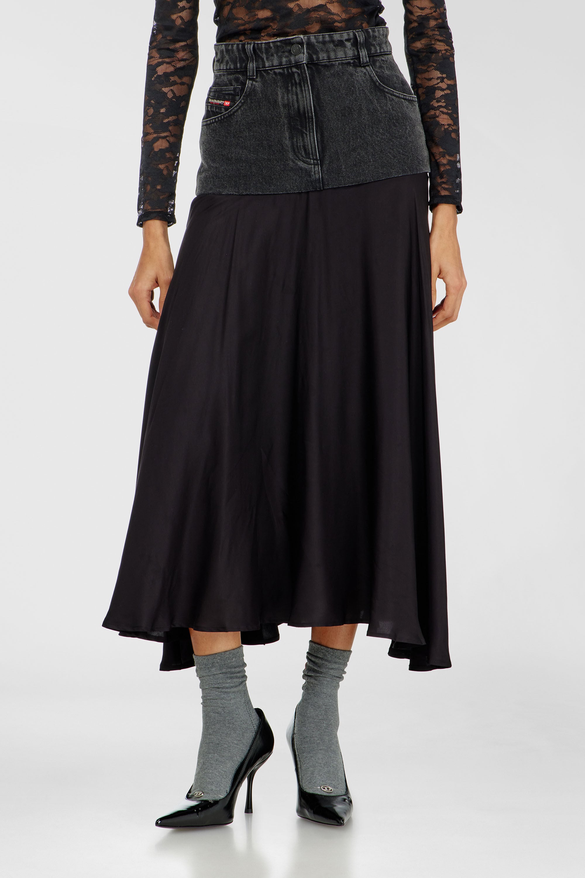 Diesel - O-RIONE, Jupe midi &agrave; empi&egrave;cements denim-satin Femme in Noir - 3
