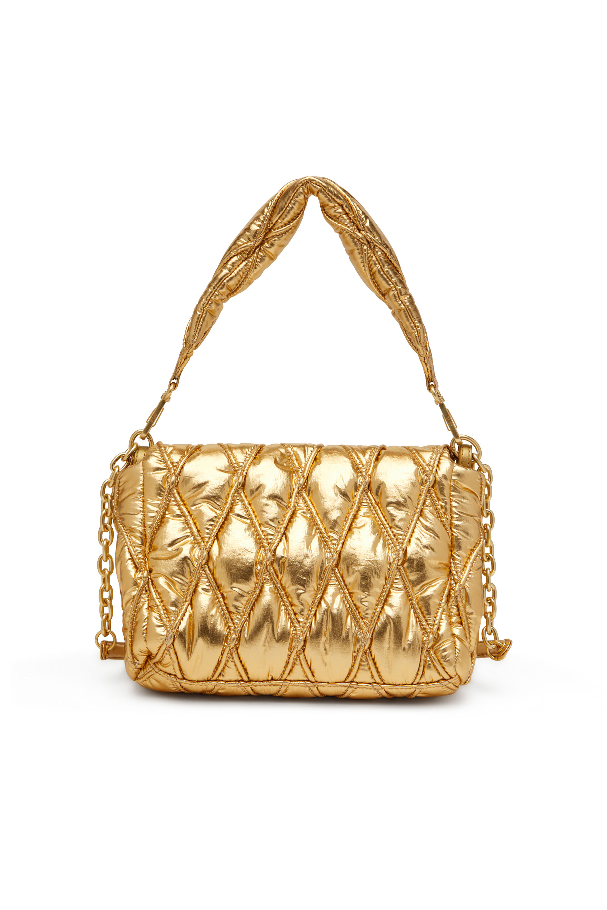 Diesel - CHARM-D SHOULDER M, Sac à bandoulière en nylon métallisé matelassé Femme in Doré - 3