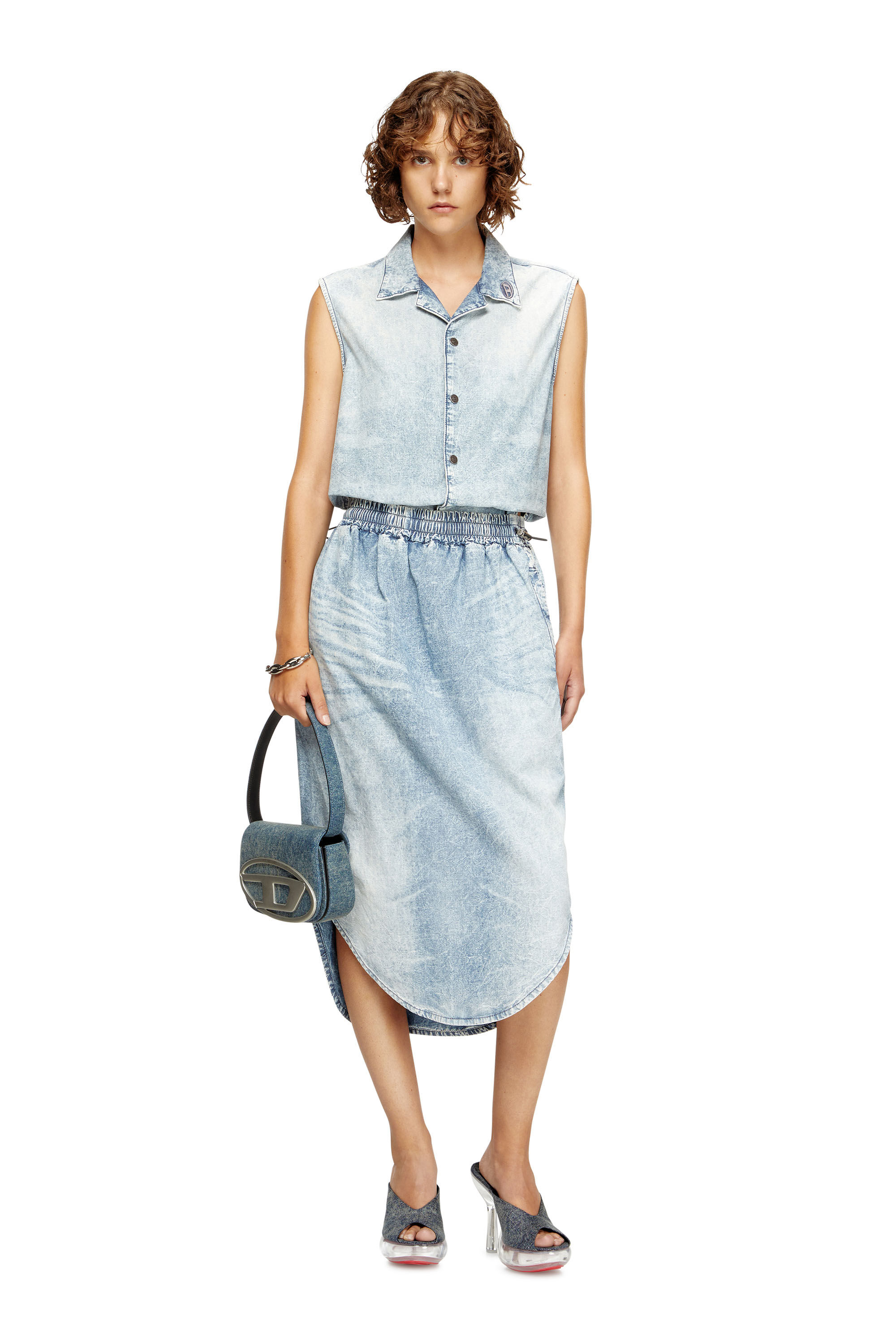 Diesel - DE-ASHLEY-S, Jupe midi en denim marbré Femme in Bleu - 1