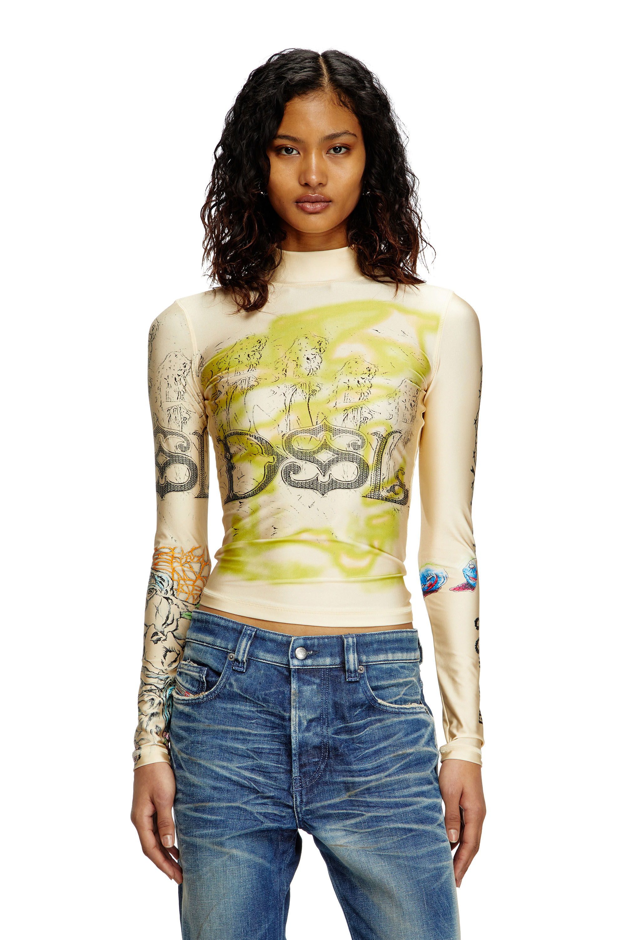 Diesel - T-IMUN, Top à col roulé avec imprimé tatouage Femme in Beige - 3