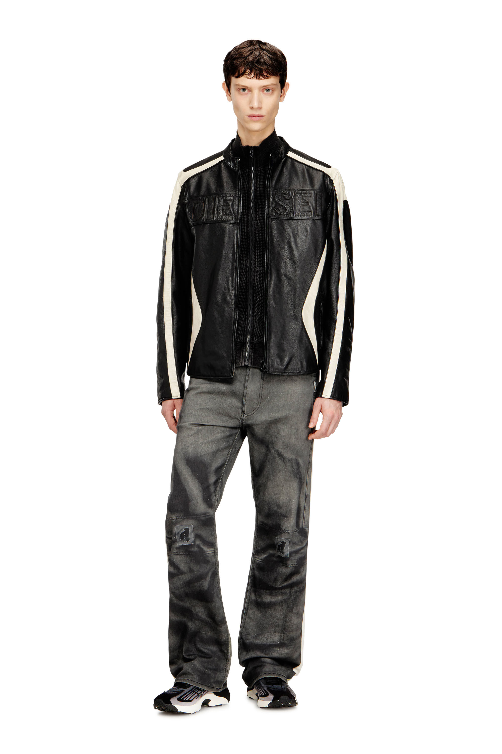 Diesel - L-ADAM, Man's Colour-block leather biker jacket in Black/White - 1