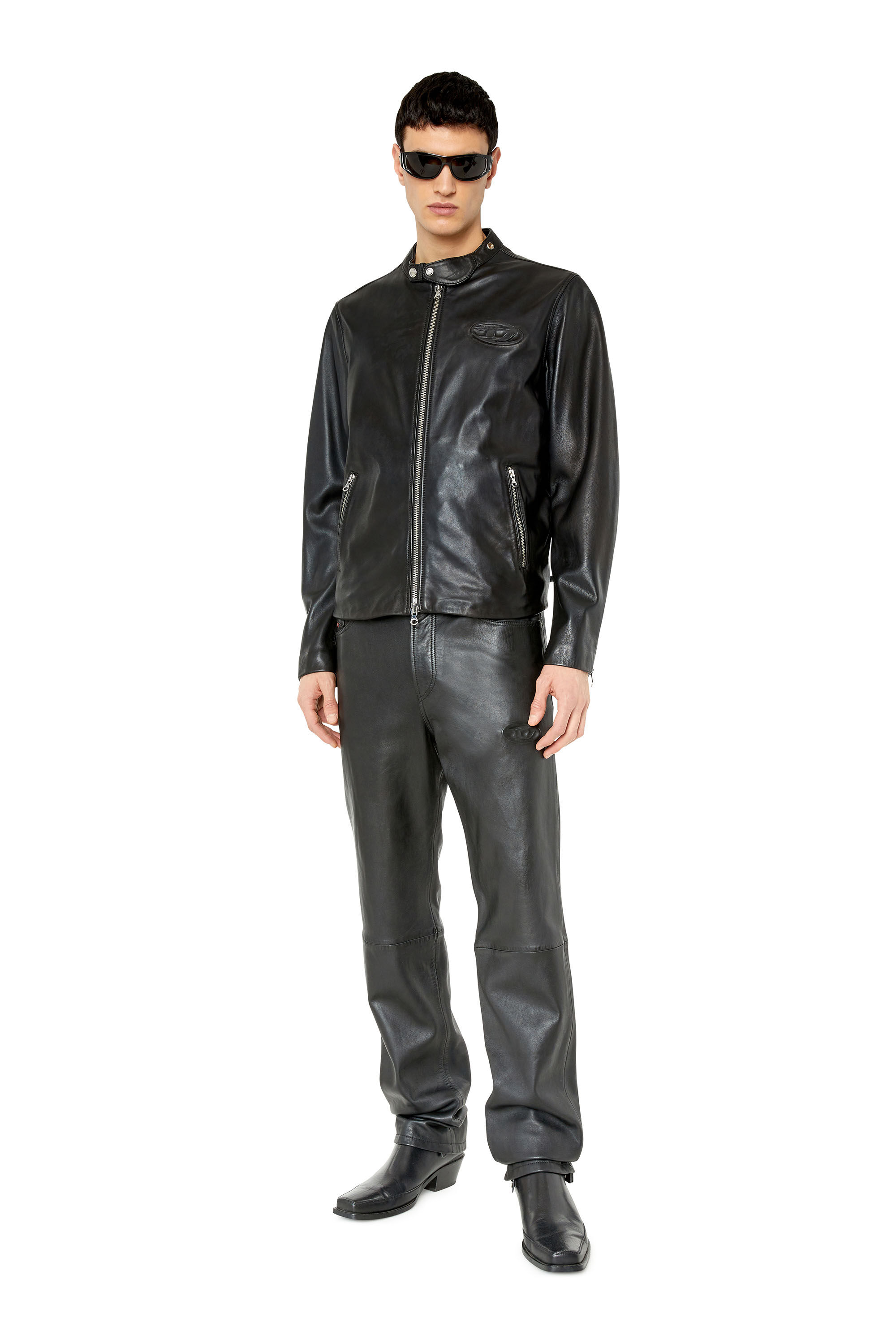 L METAL Homme Veste biker en cuir avec plaque logo Diesel