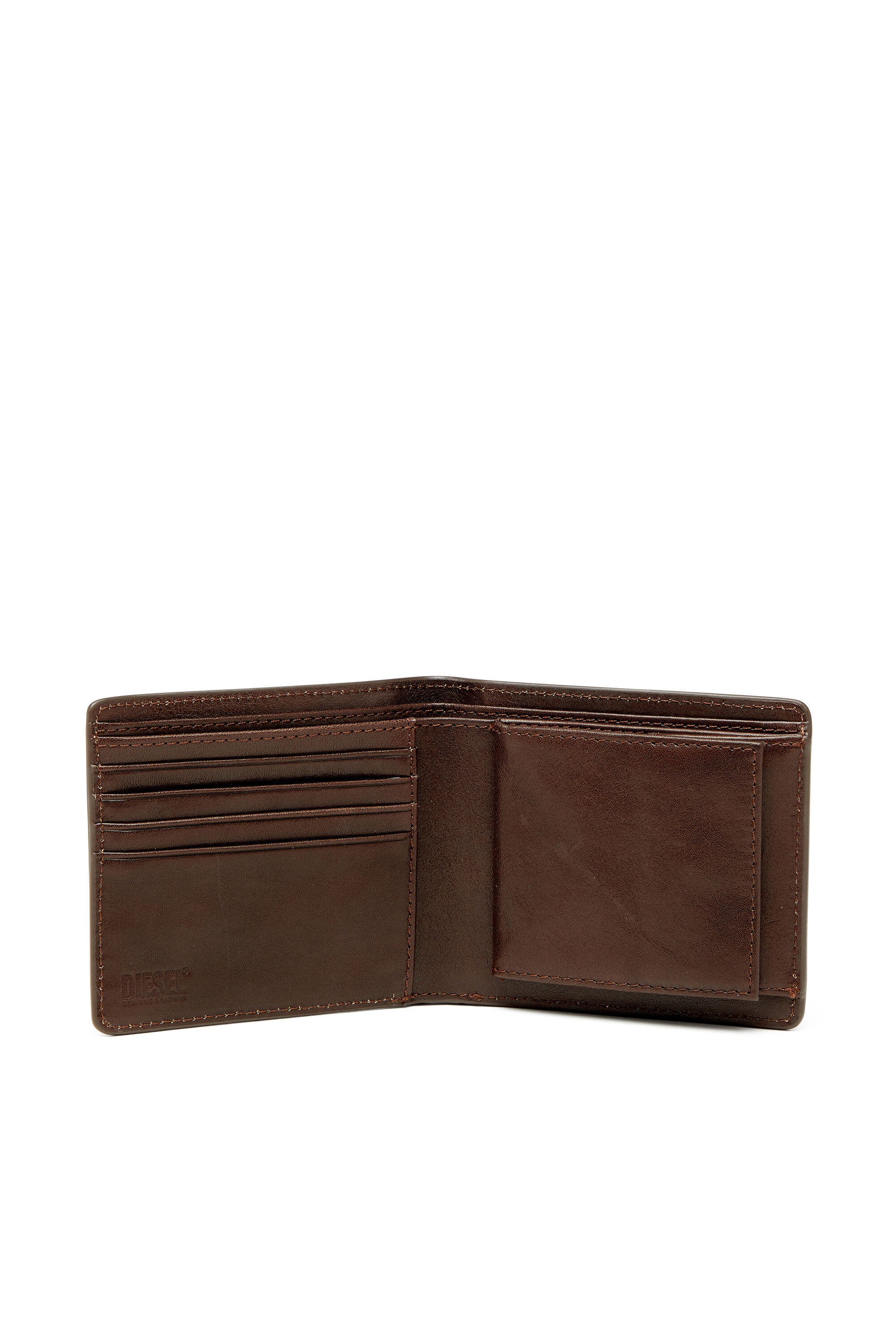 Diesel - FLAG-D BI-FOLD COIN S 3D, Portefeuille en cuir pliable avec logo emboss&eacute; Homme in Marron - 3