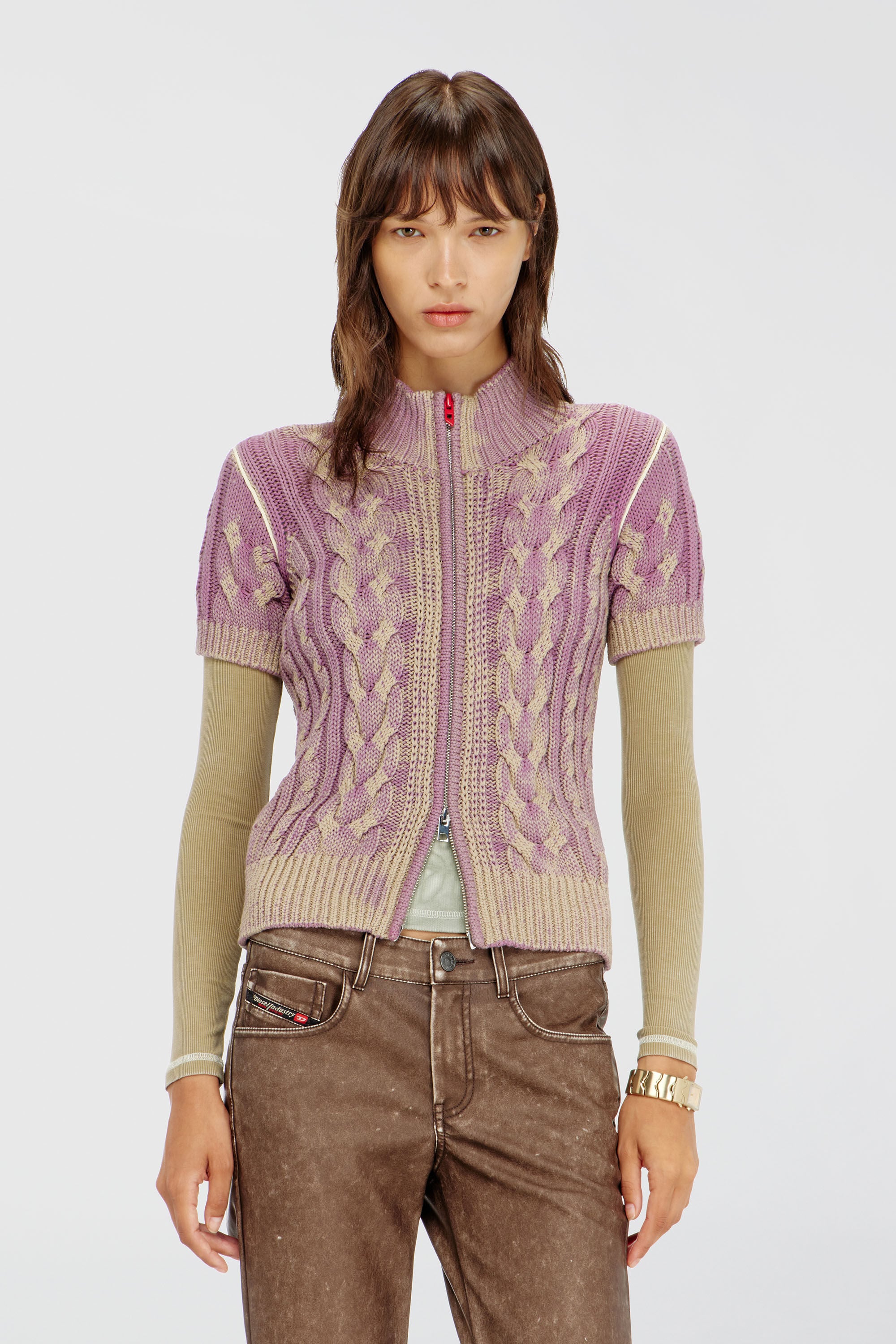 Diesel - M-ELANA, Cardigan &agrave; manches courtes zipp&eacute; en maille torsad&eacute;e Femme in Polychrome - 3