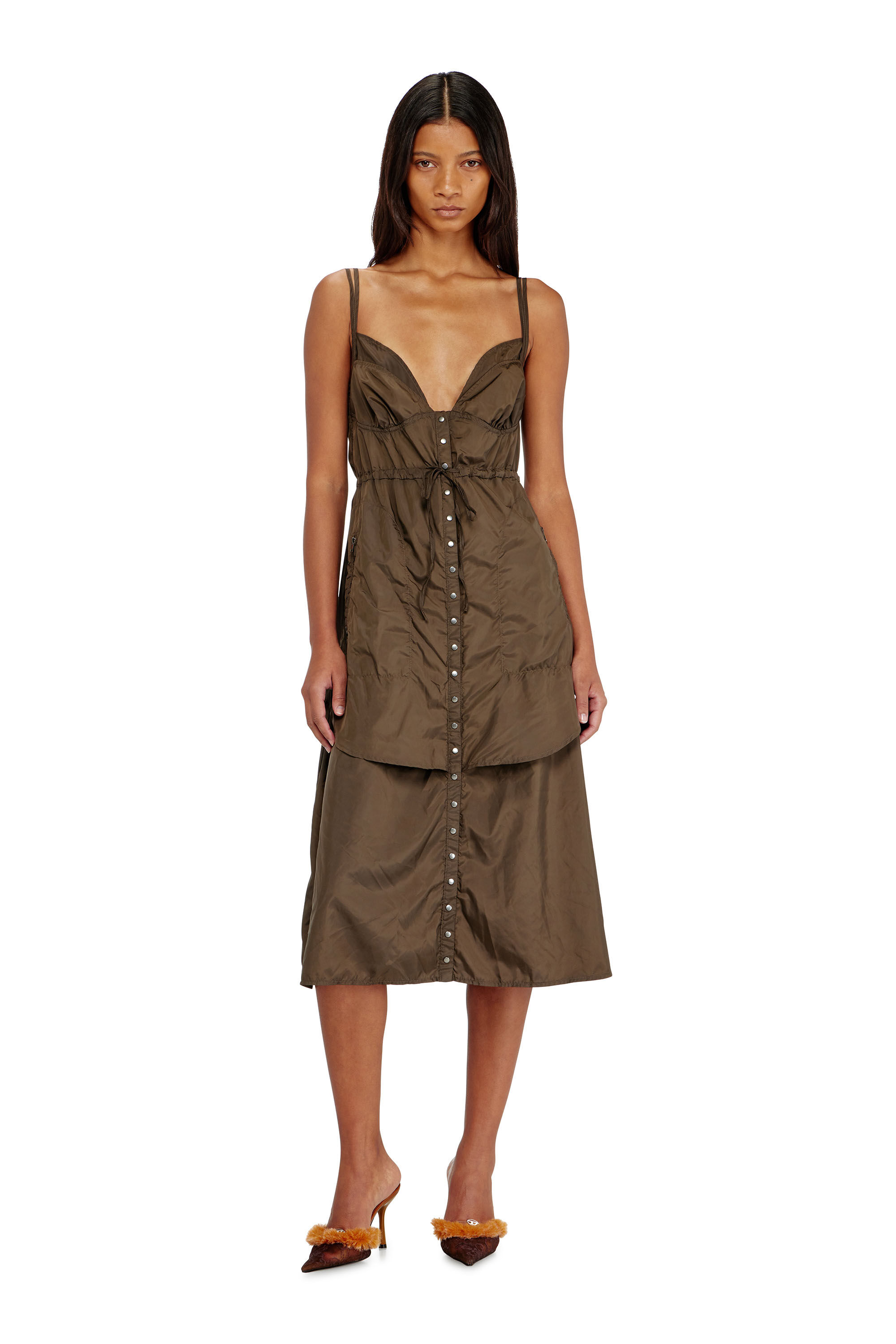 Diesel - D-OROTEA-T1, Robe en nylon l&eacute;ger &agrave; effet superpos&eacute; Femme in Marron - 1