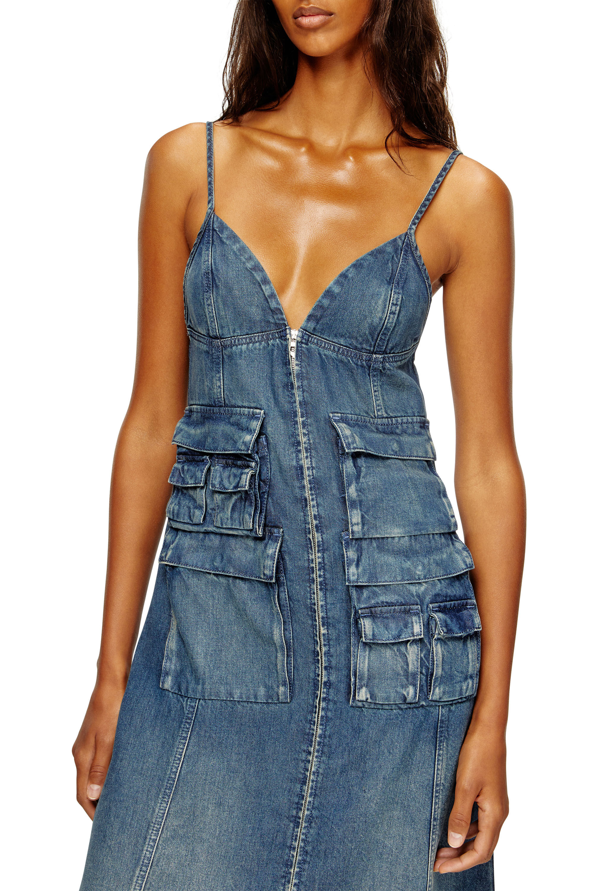 Diesel - DE-MELVI-S, Robe en denim fluide vieilli au laser Femme in Bleu - 5