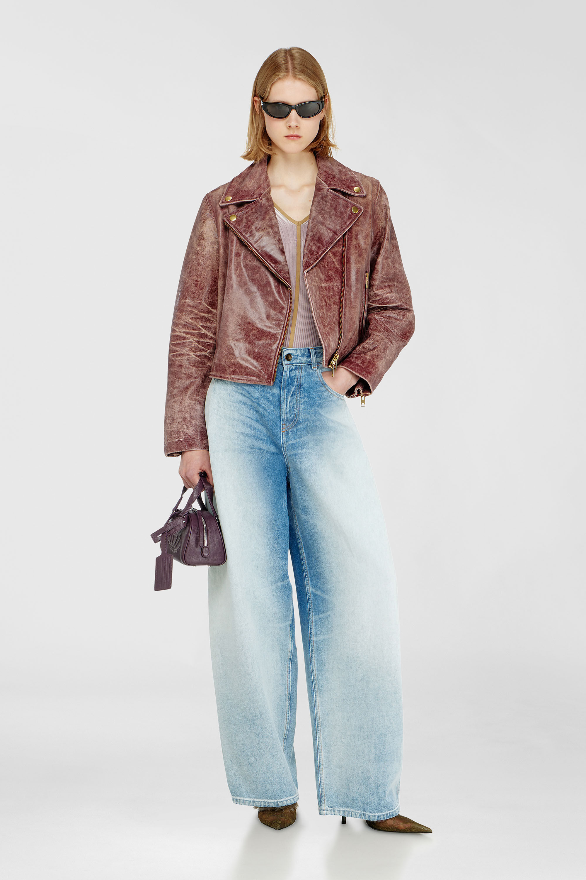 Diesel - L-UNATIC-T1, Veste biker en cuir trait&eacute; Femme in Rouge - 1