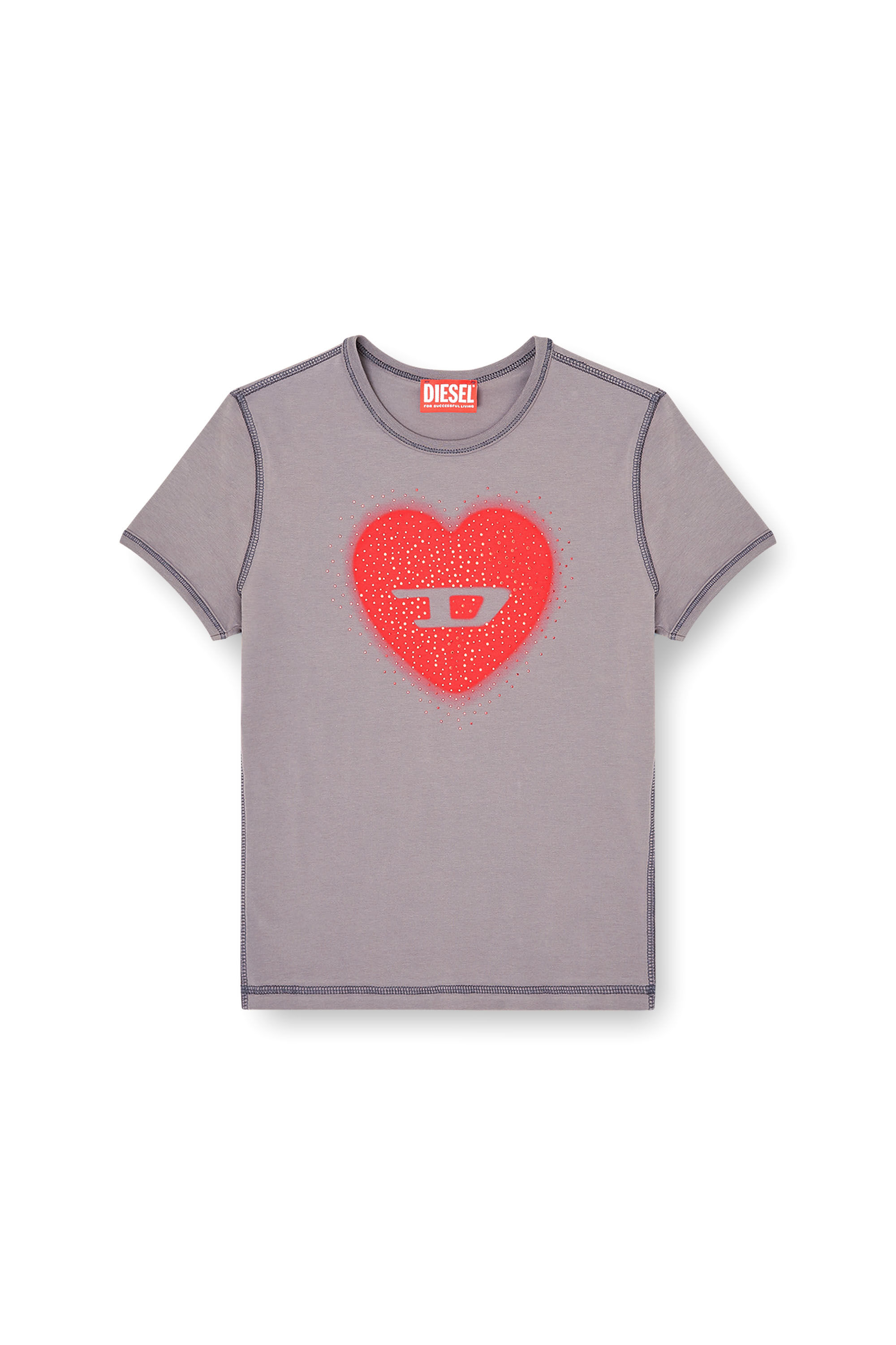 Diesel - T-UNCUTIES-LONG-S5, T-shirt ajust&eacute;e avec imprim&eacute; c&oelig;ur et clous Femme in Gris - 2