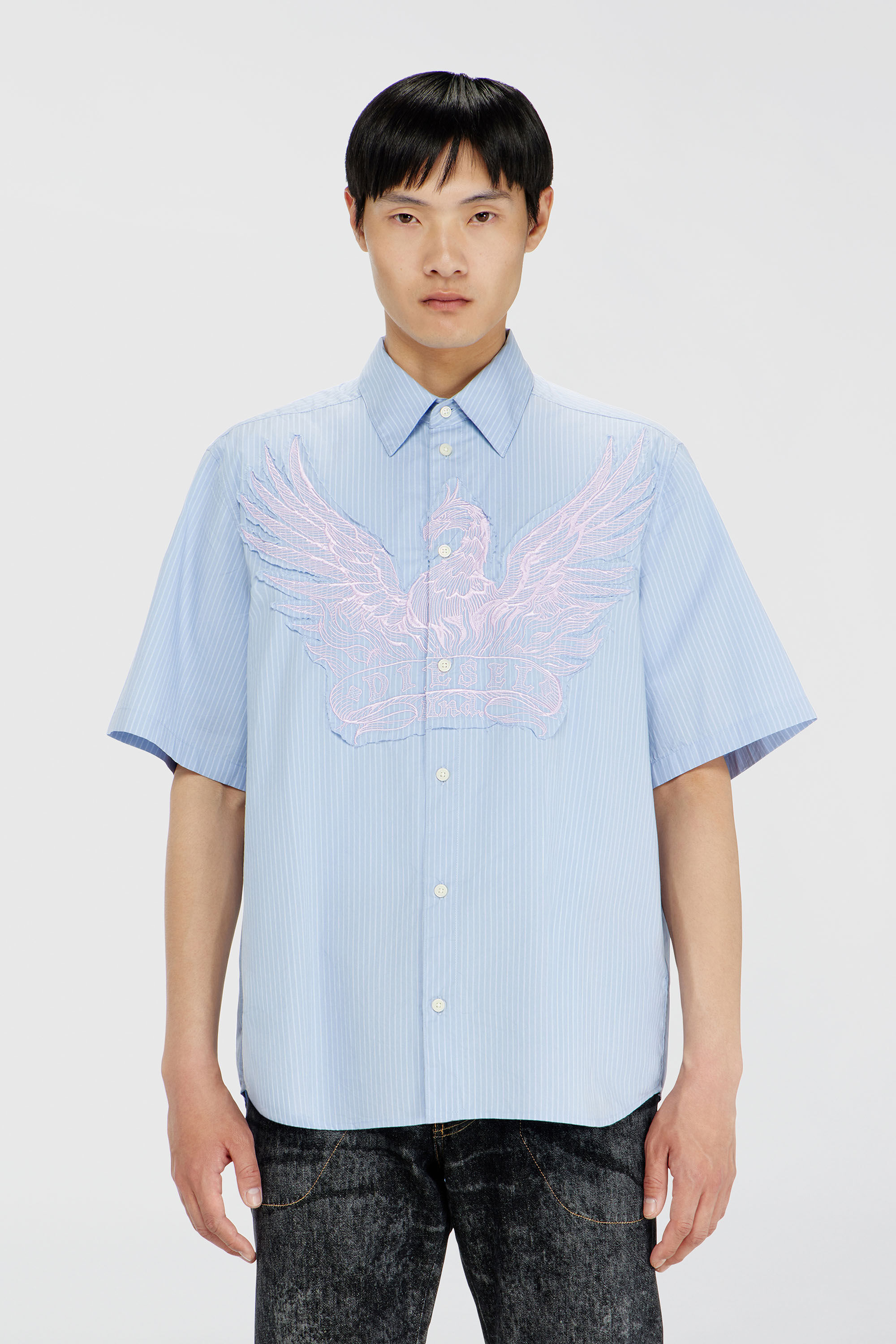 Diesel - S-SIMPLY-SS-AGCZ, Chemise en popeline ray&eacute;e avec patch brod&eacute; Homme in Bleu - 3