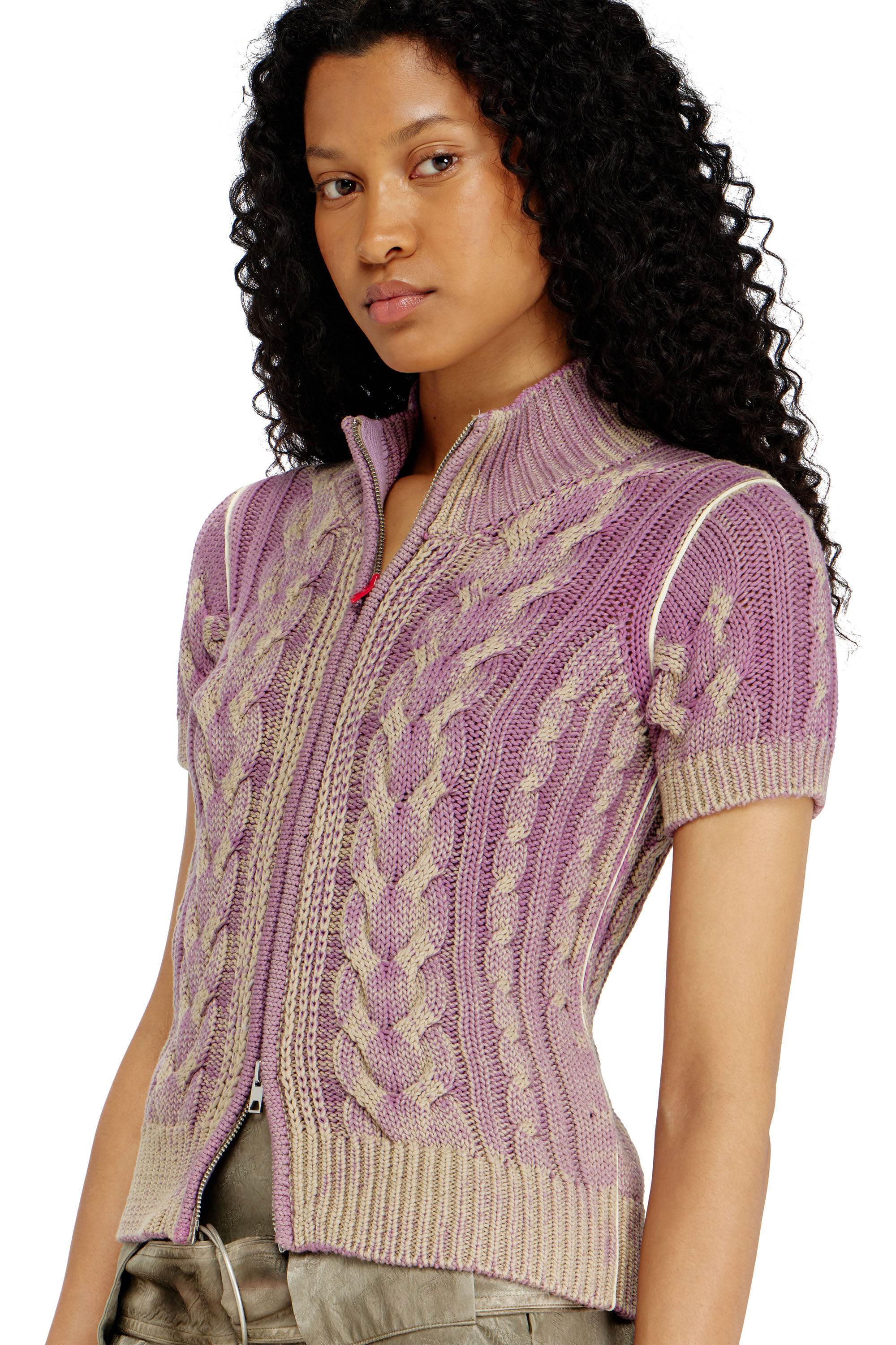Diesel - M-ELANA, Cardigan &agrave; manches courtes zipp&eacute; en maille torsad&eacute;e Femme in Violet - 5