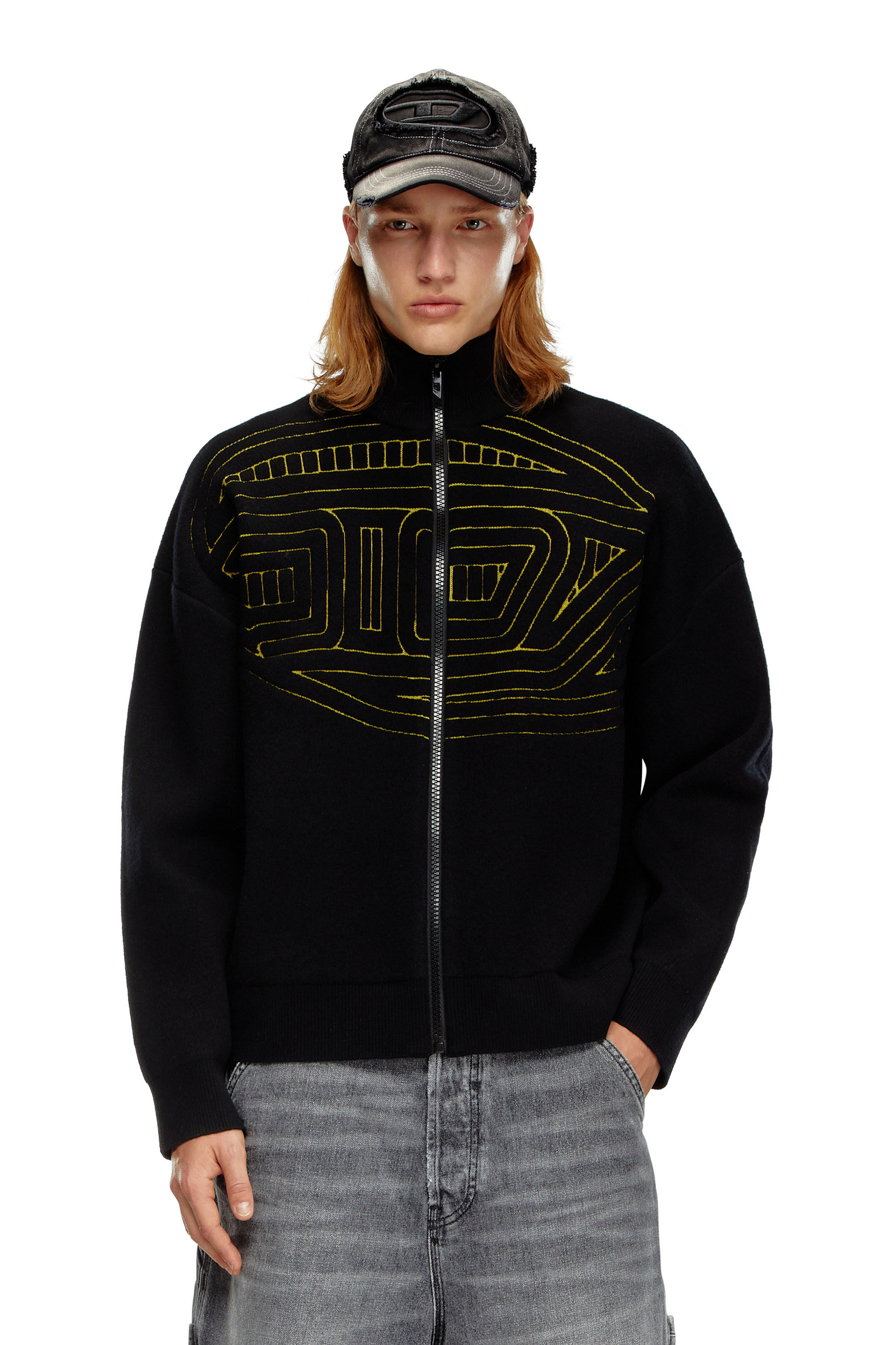 Pull zippe en laine melangee avec logo graphique Homme Noir Diesel