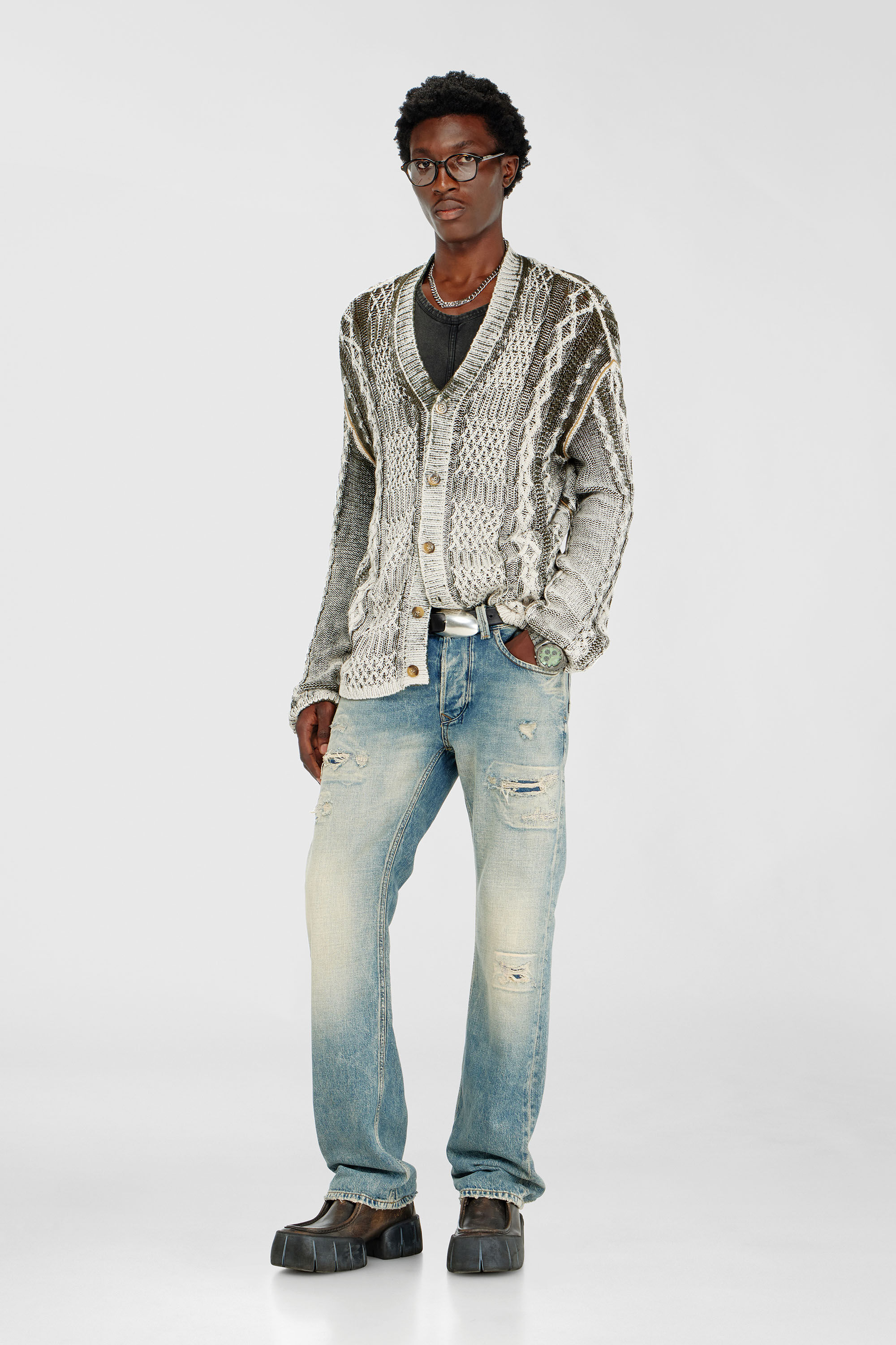 Diesel - K-MIOTO, Cardigan en maille torsad&eacute;e trait&eacute; Homme in Polychrome - 1