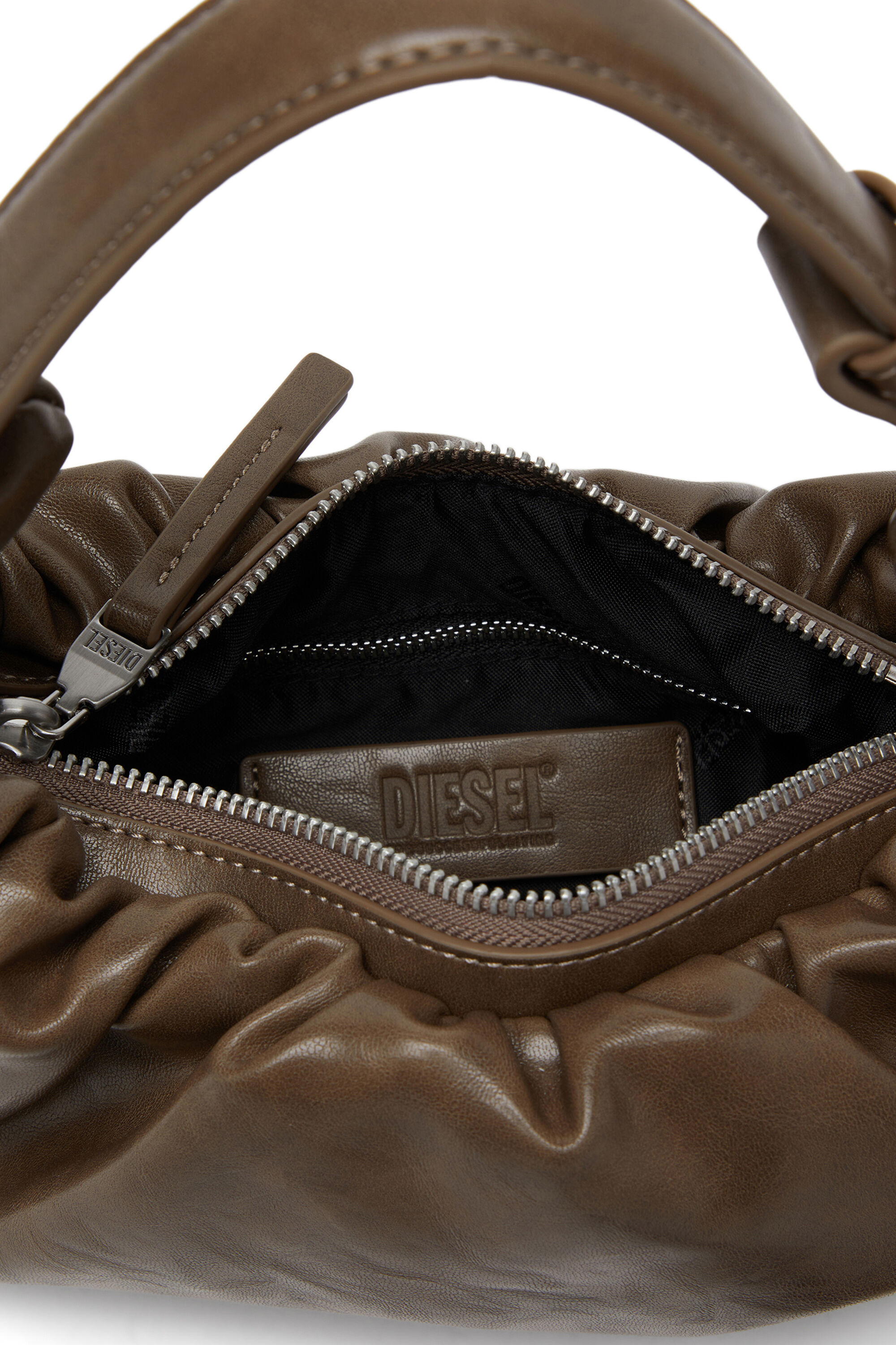Diesel - GRAB-D HOBO S, Petit sac hobo froissé en PU brillant Femme in Marron - 3