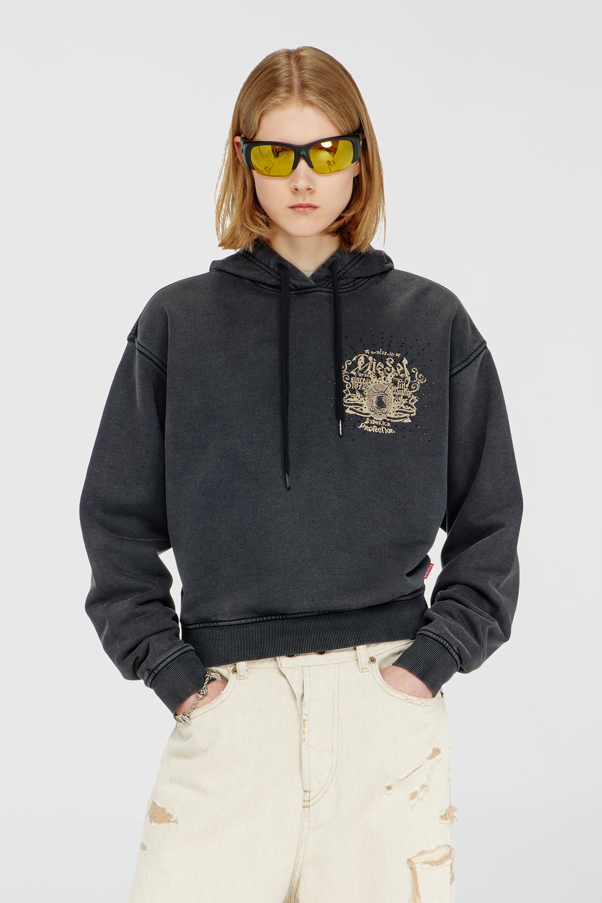 Diesel - F-PHOENY, Sweat &agrave; capuche avec imprim&eacute;s et clous strass Femme in Noir - 3