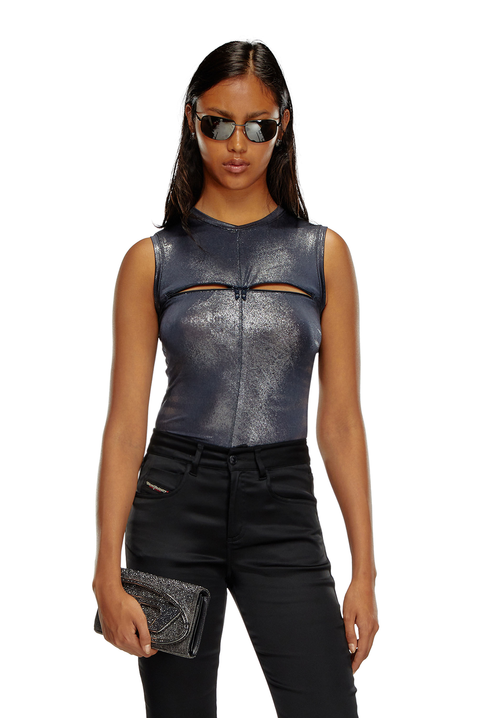 Diesel - T-VEZZY, Débardeur métallisé avec fente avant Femme in Bleu - 3