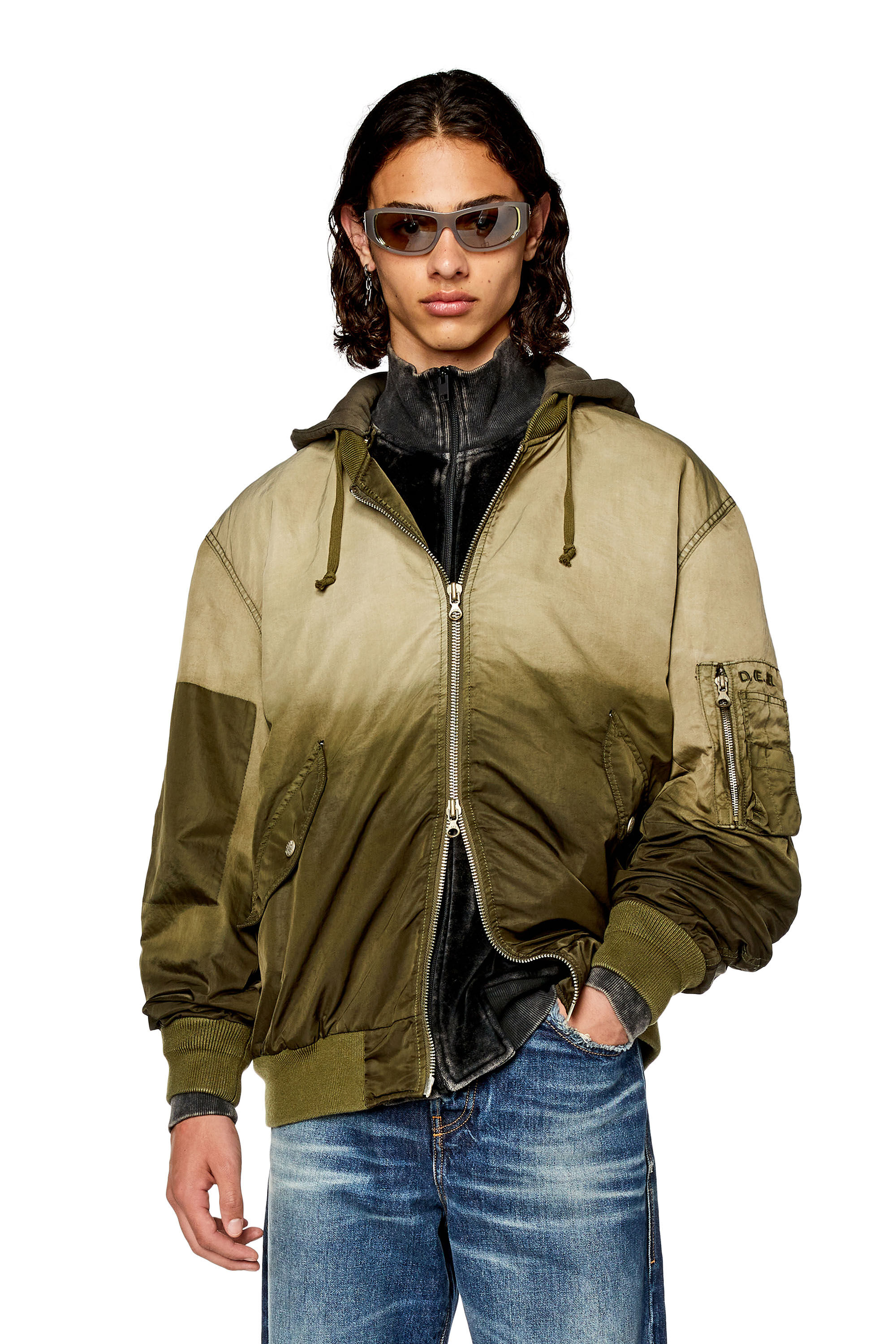 Diesel - J-COMMON, Veste bomber à capuche en satin de nylon traité Homme in Marron - 3