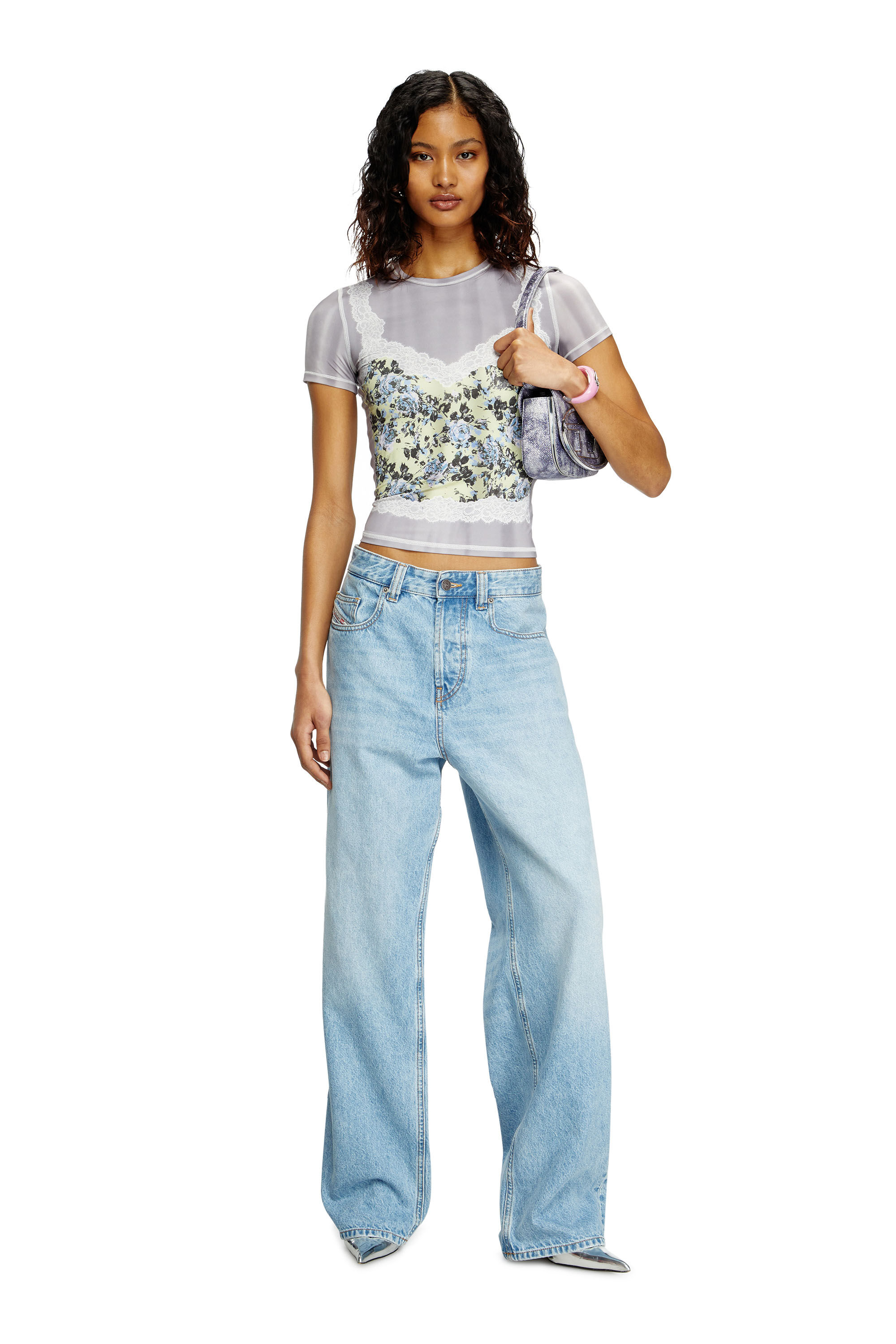Diesel - T-ILENI, T-shirt stretch à effet caraco trompe l'œil Femme in Gris - 1