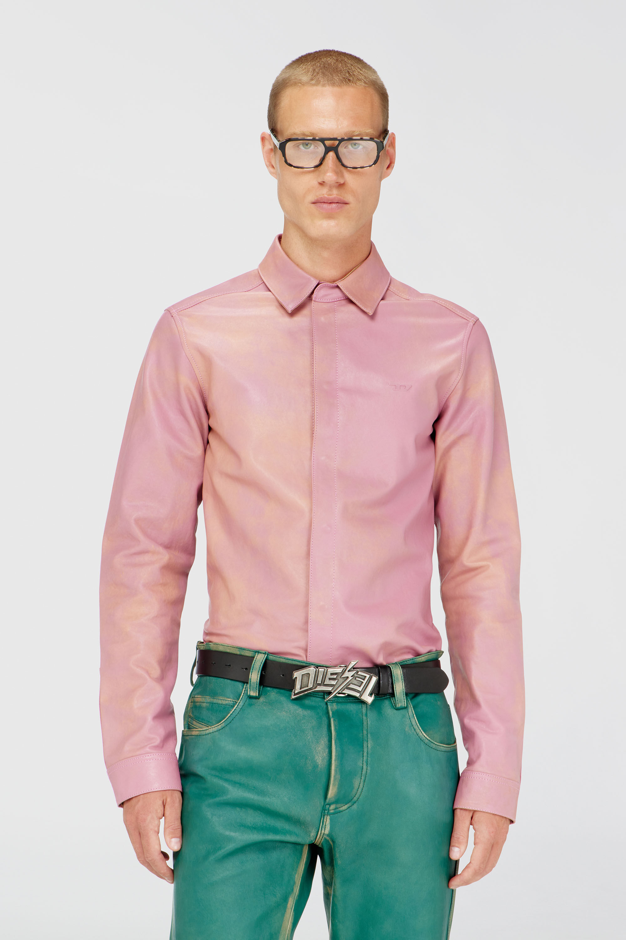 Diesel - S-CIRT, Chemise en cuir trait&eacute; Homme in Rose - 3