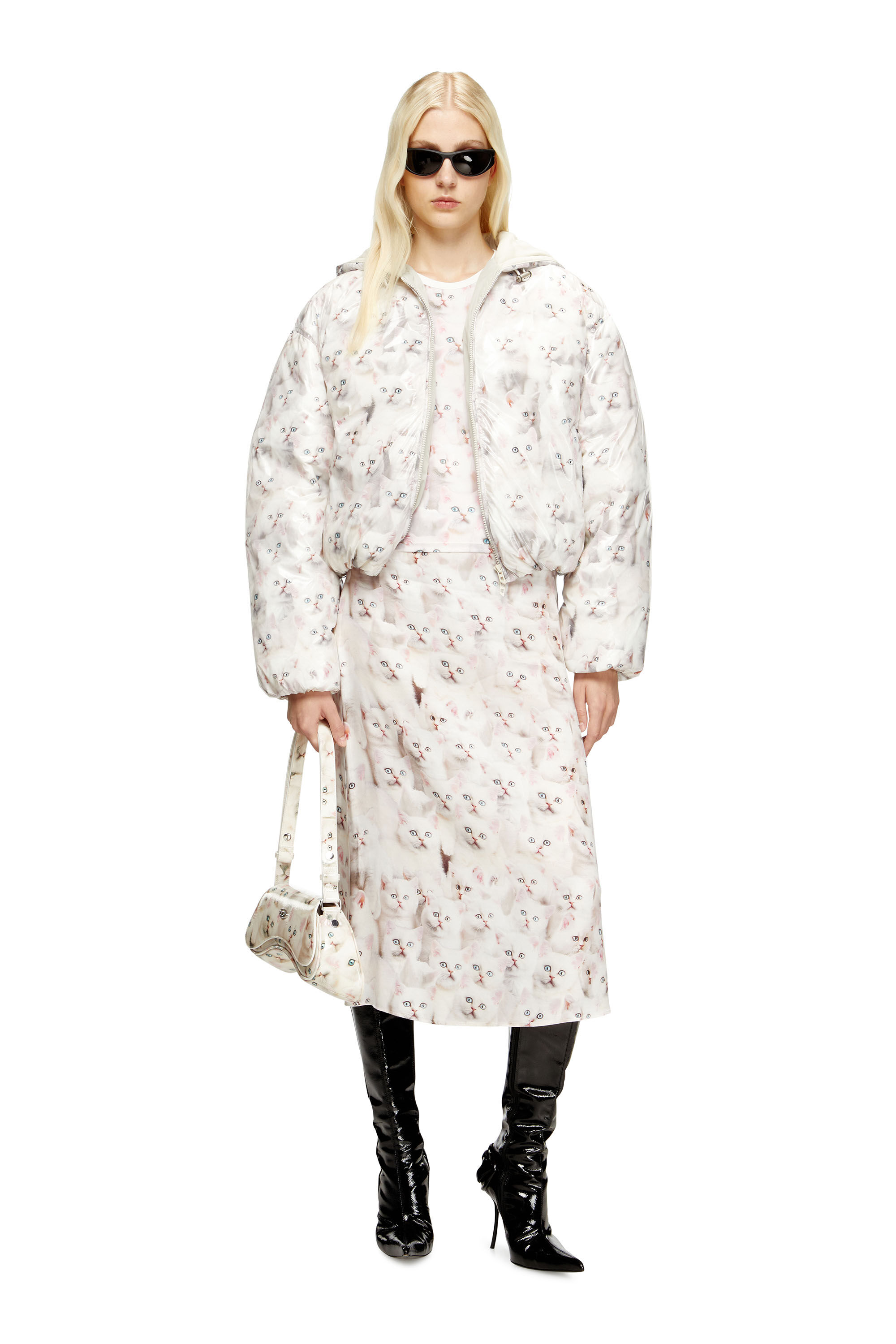 Diesel - W-INNER-R1, Veste matelassée avec imprimé chat Femme in Blanc - 1