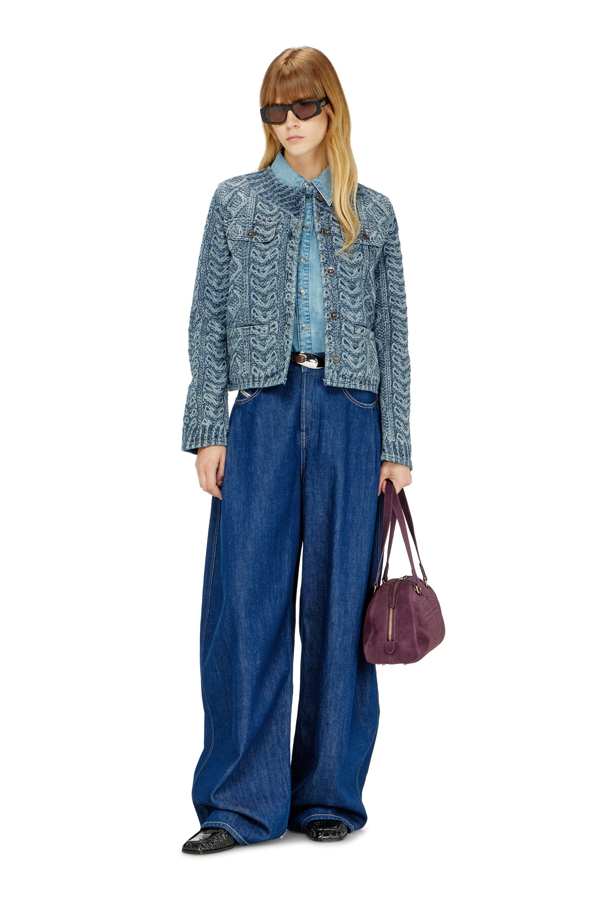 Diesel - DE-GRAFY-S2, Veste sans col en denim effet maille torsad&eacute;e Femme in Bleu - 1