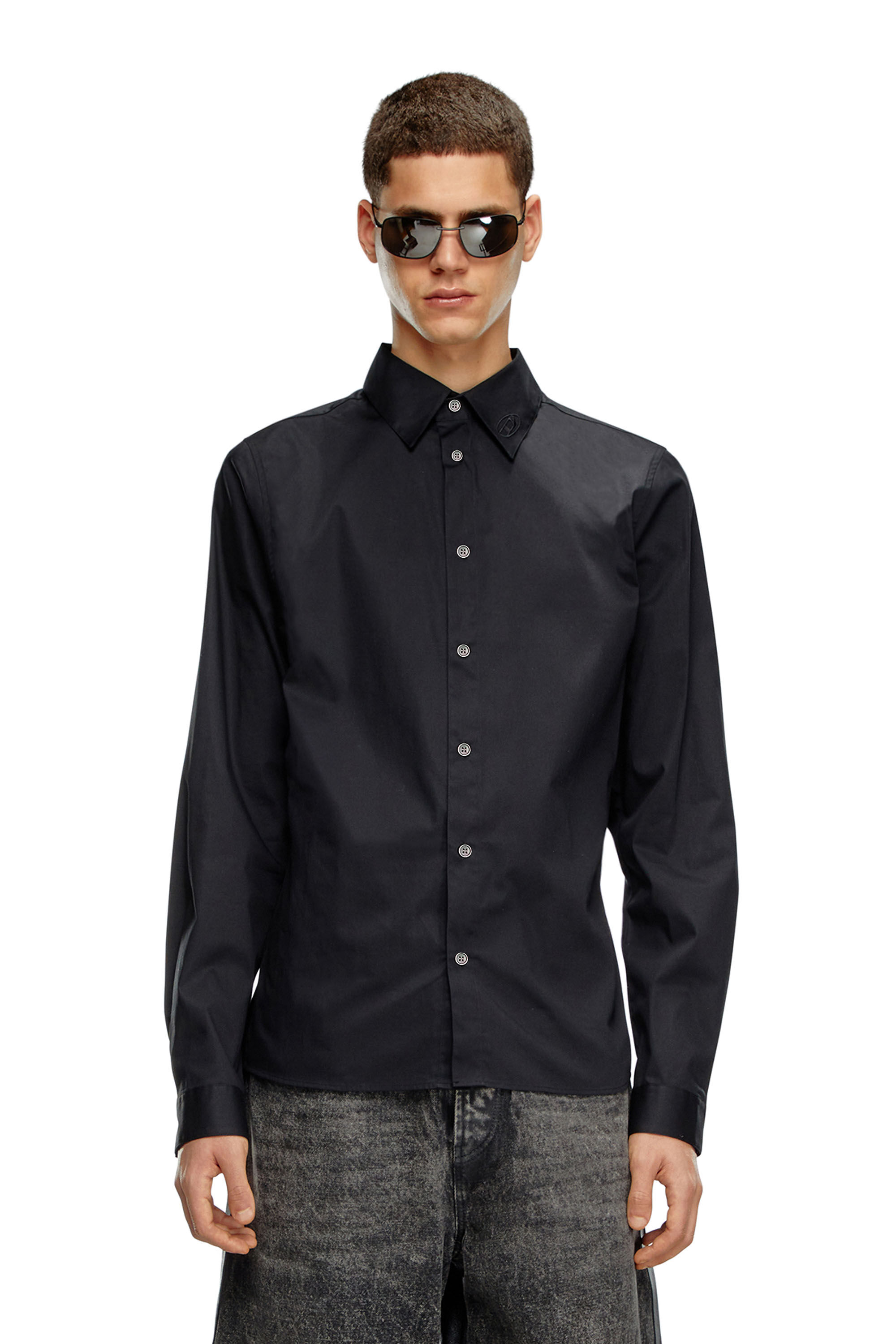 Chemise elegante avec col a logo brode Homme Noir Diesel