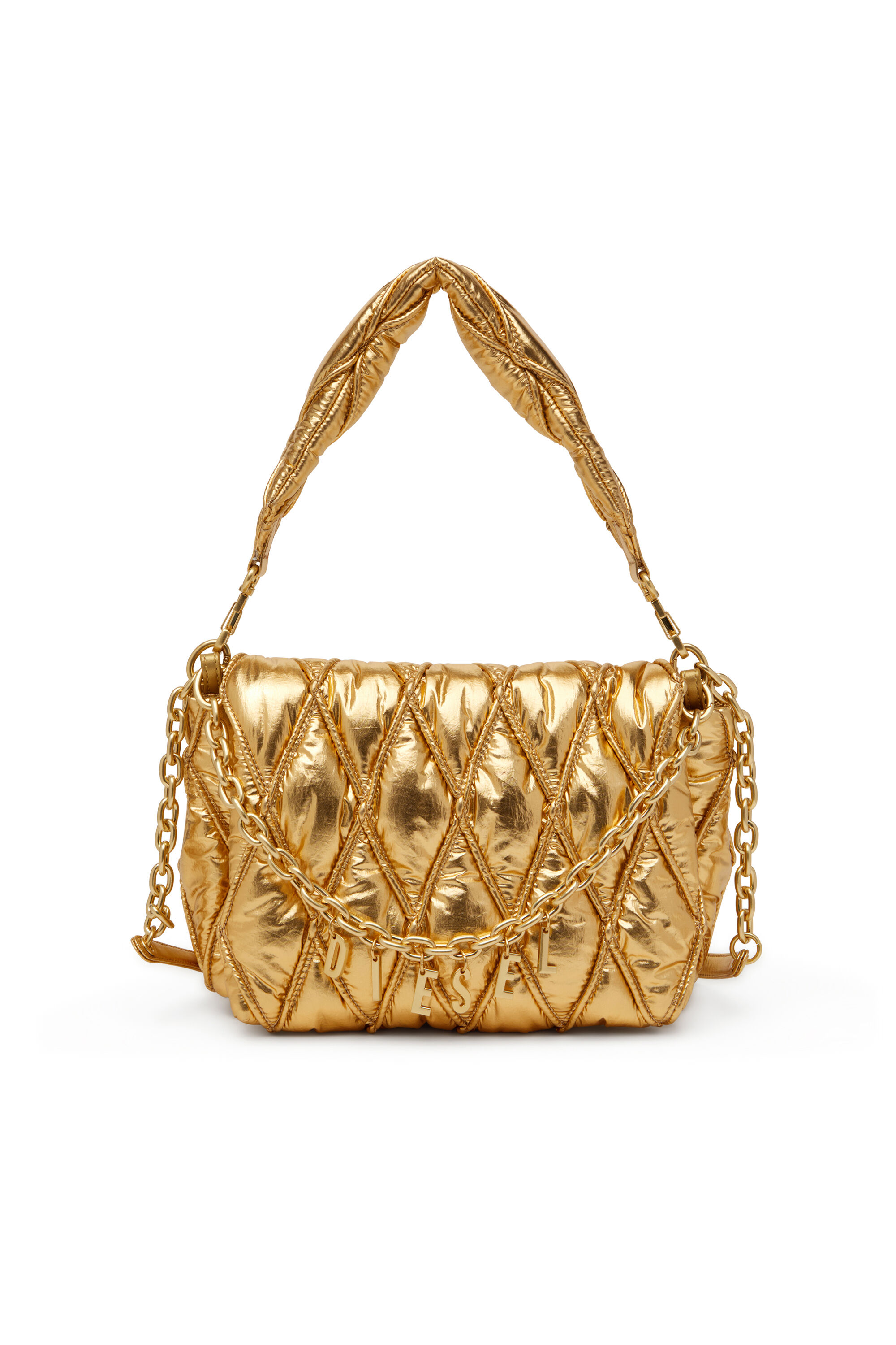 Diesel - CHARM-D SHOULDER M, Sac à bandoulière en nylon métallisé matelassé Femme in Doré - 1