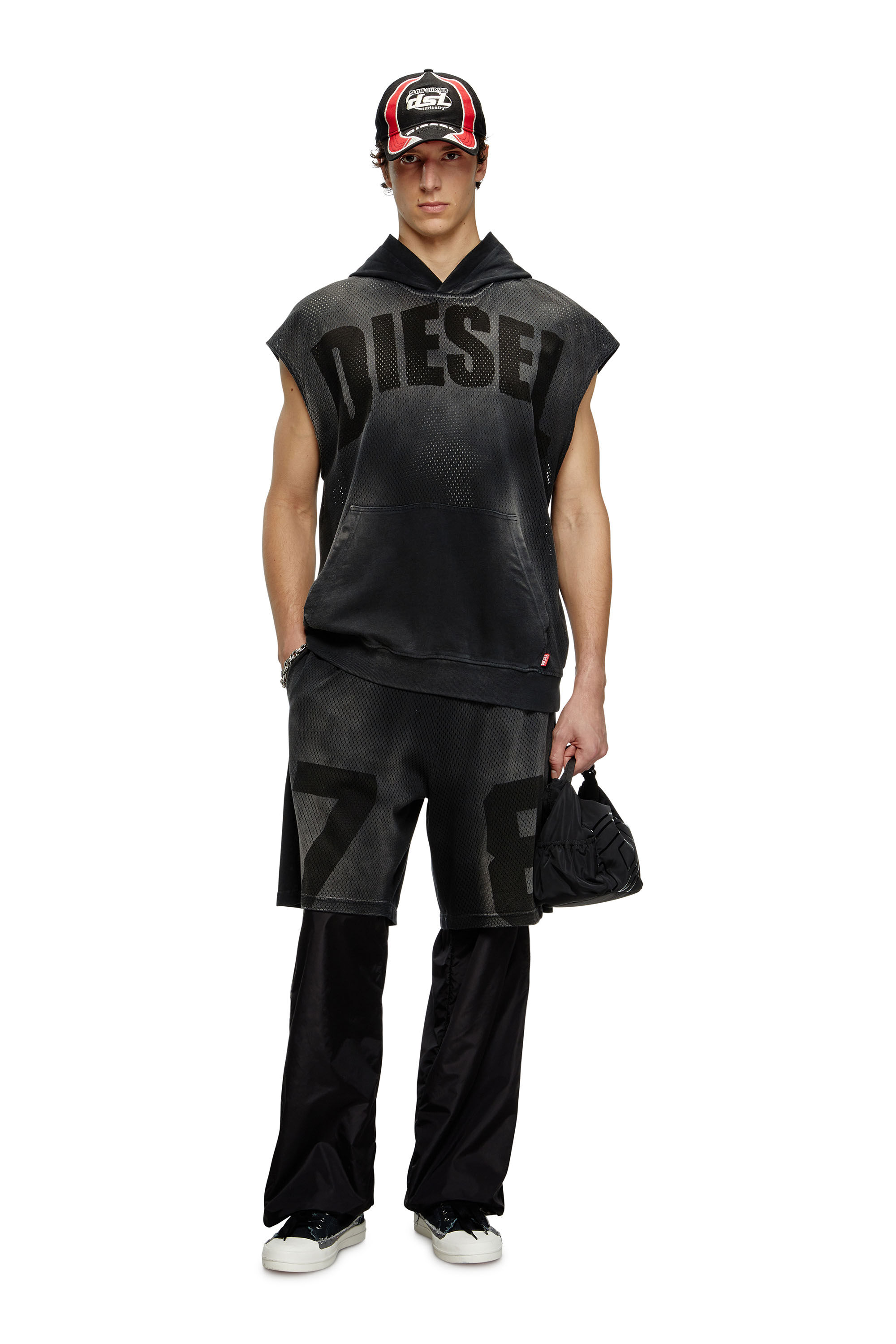 Diesel - S-BOXT-SL-MESH, Sweat-shirt à capuche sans manches en mesh et jersey Homme in Noir - 1