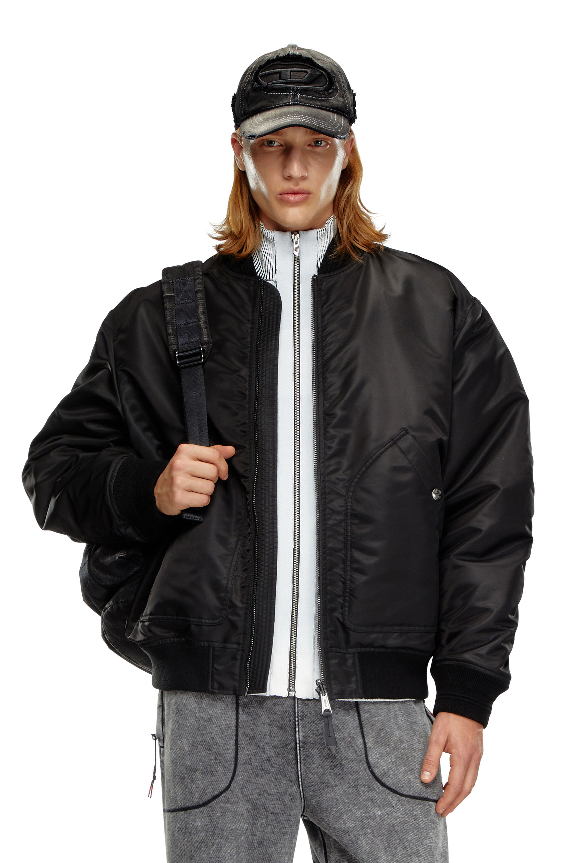 Veste bomber en nylon rembourre avec Oval D Homme Noir Diesel