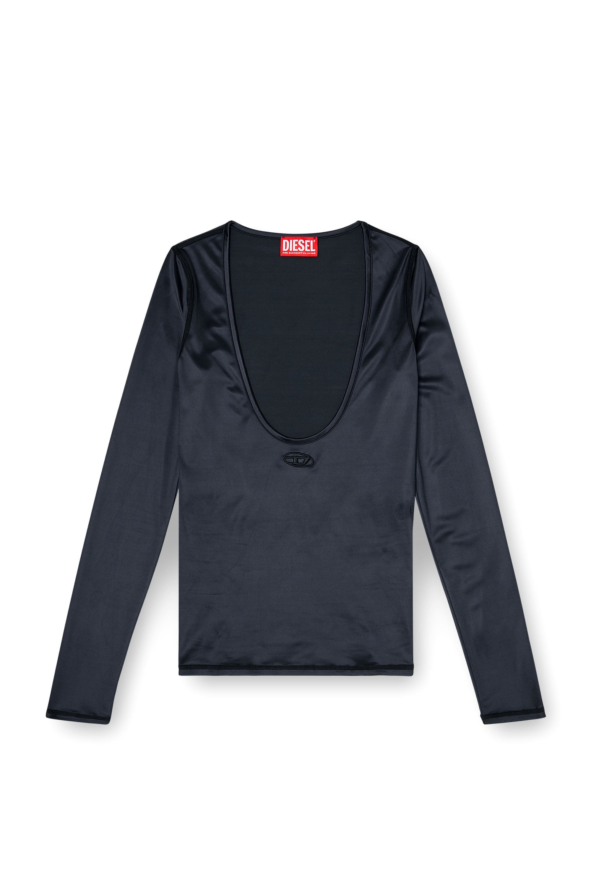 Diesel - T-ELPHIN-LS, Top slim en nylon &agrave; encolure d&eacute;gag&eacute;e avec Logo Oval D brod&eacute; Femme in Noir - 2