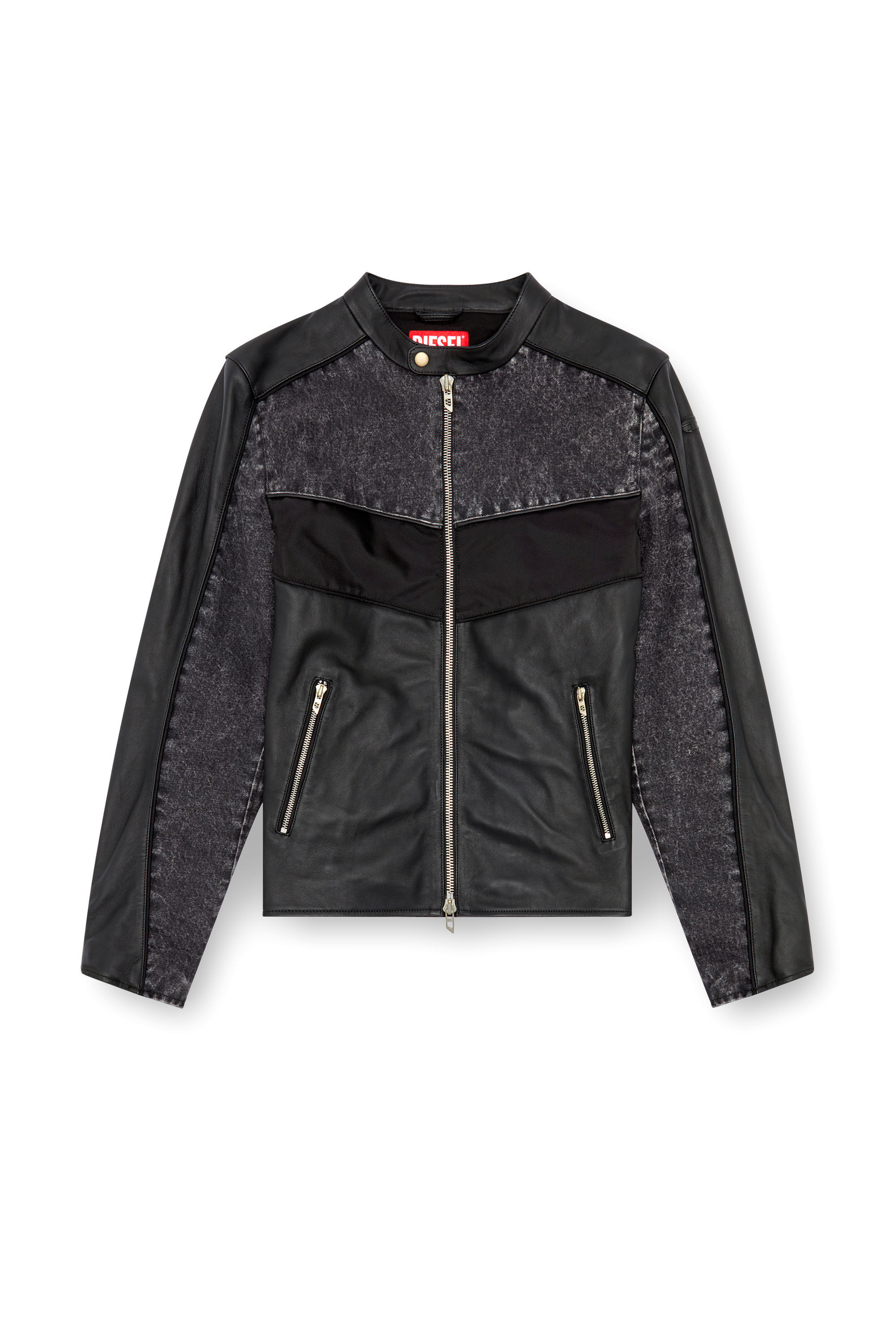 Veste en cuir avec empiecements en denim Homme Noir Diesel