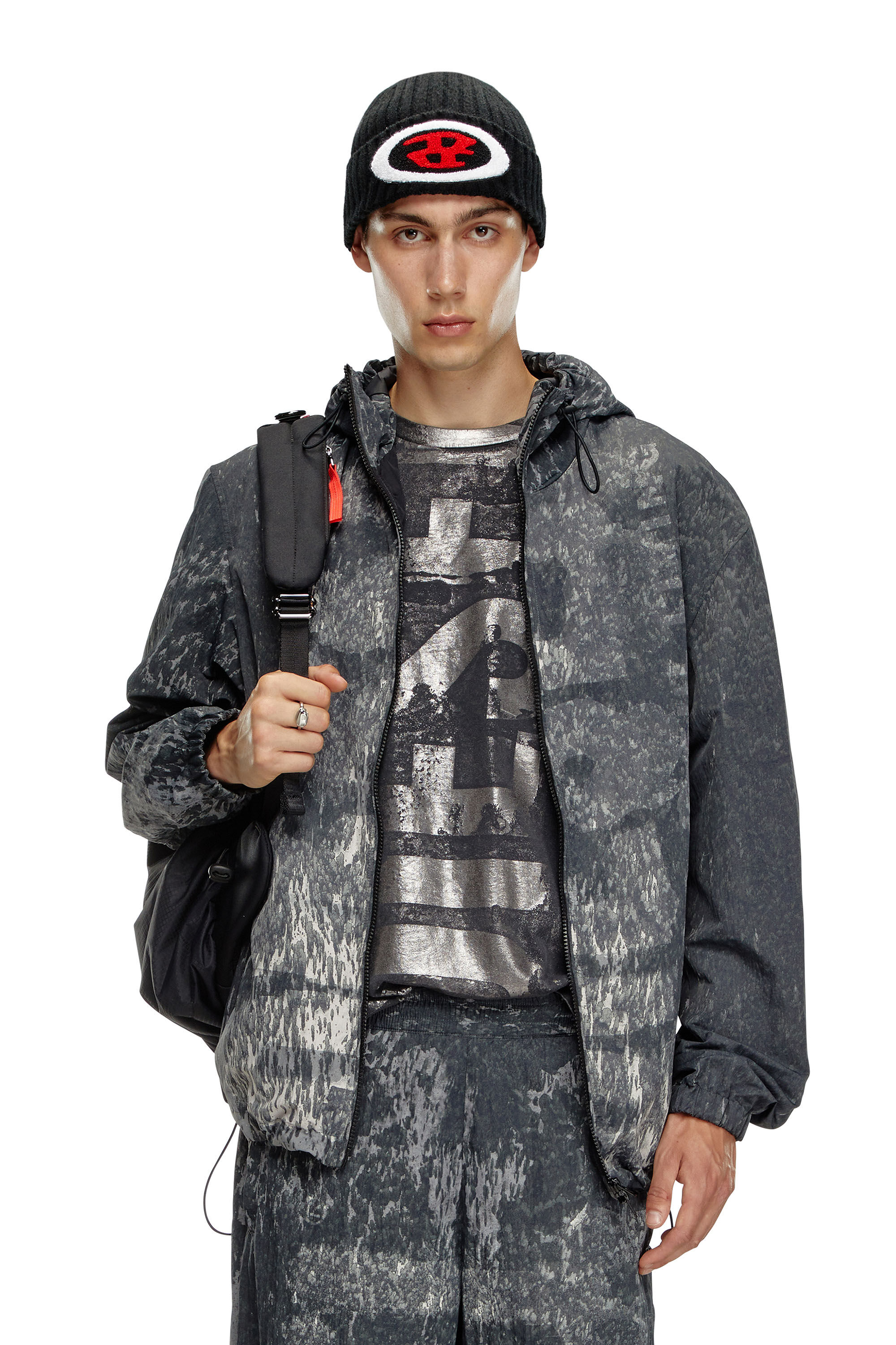 Diesel - J-BRICK, Coupe-vent à capuche avec imprimé « Rain Camo » Homme in Noir - 3