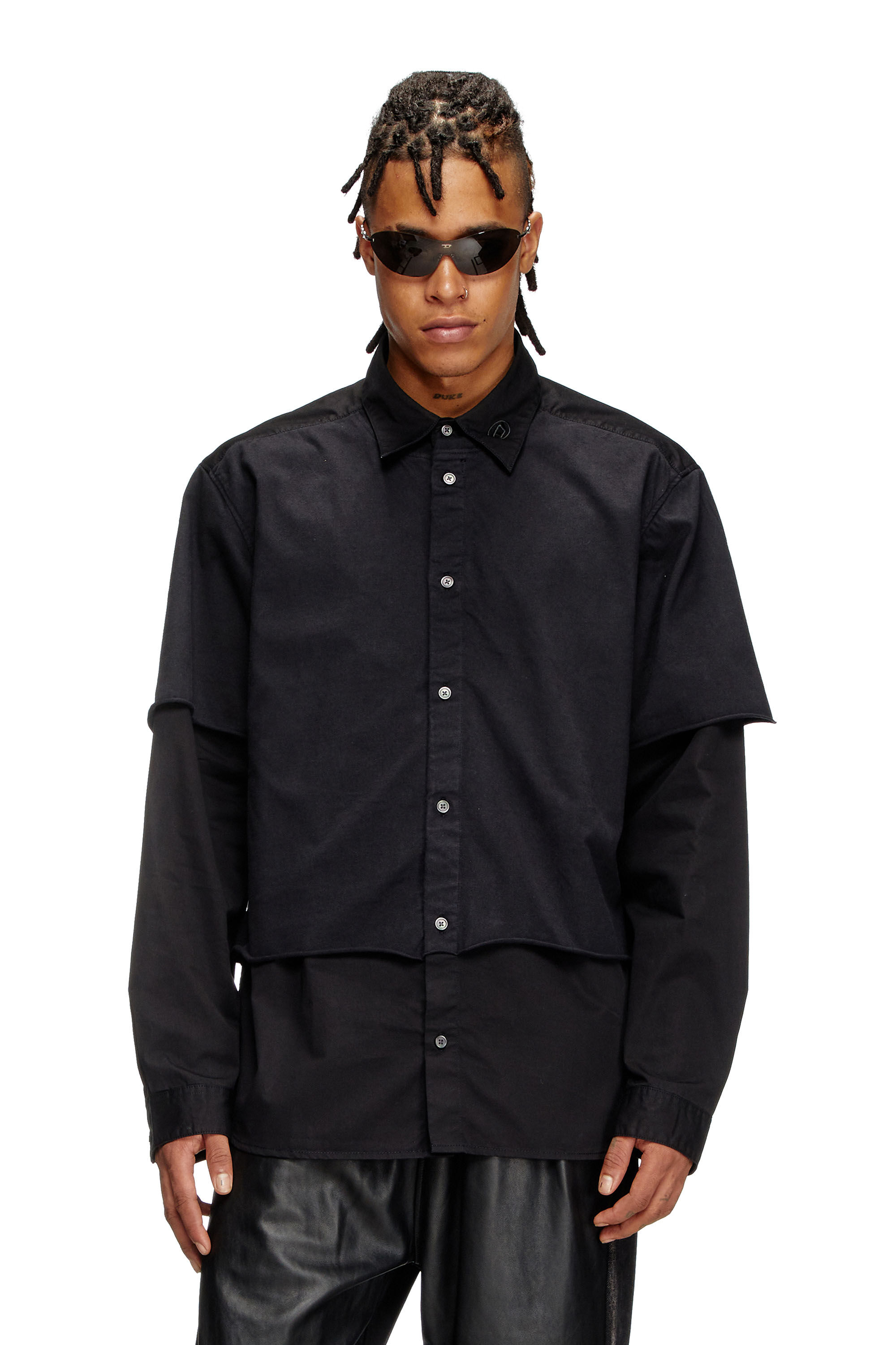 Diesel - S-GASTON-O, Man's Layered shirt in twill and jersey in Black - 3