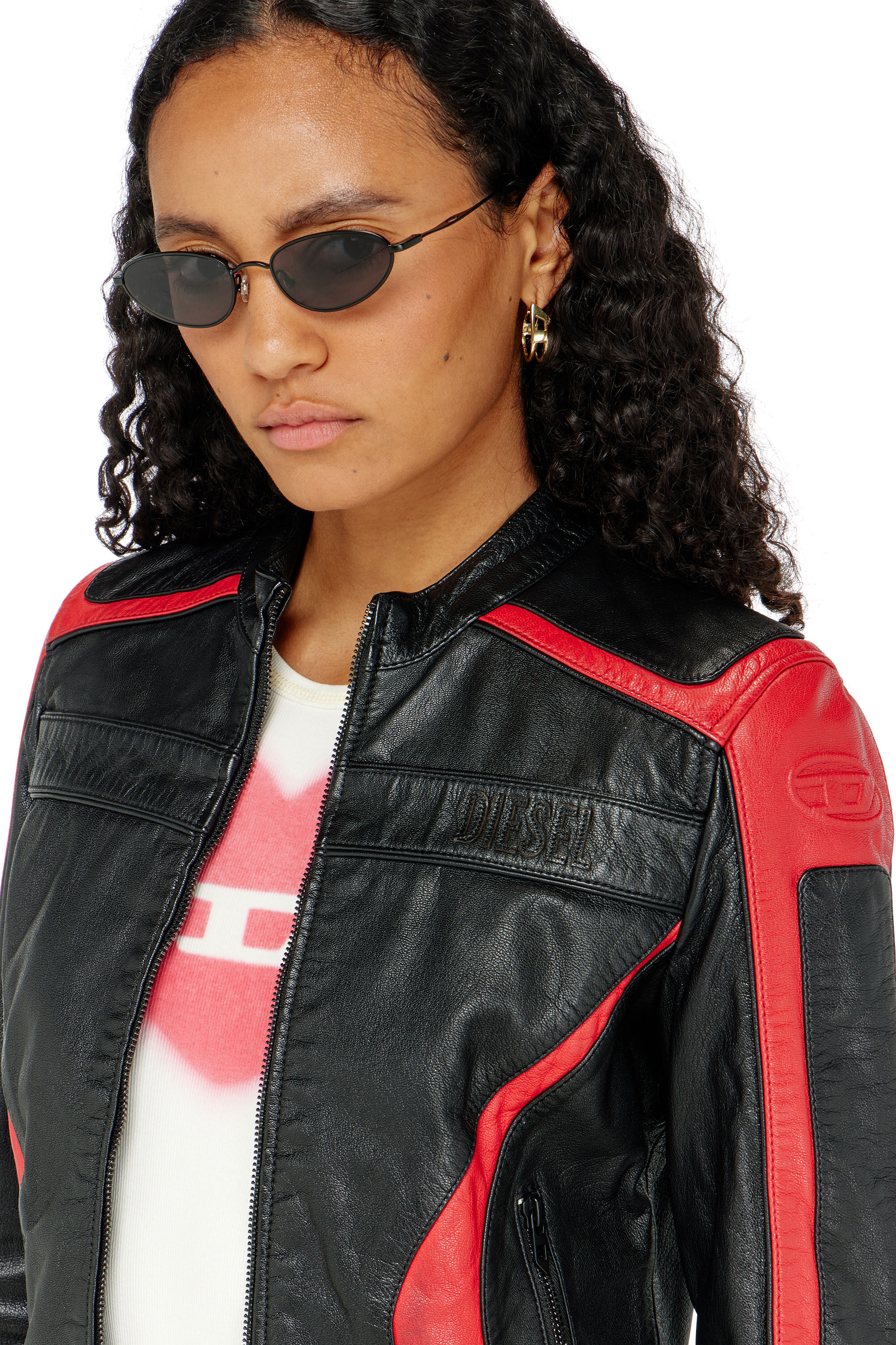 Diesel - L-OVABLE, Blouson motard en cuir color-block Femme in Polychrome - 5