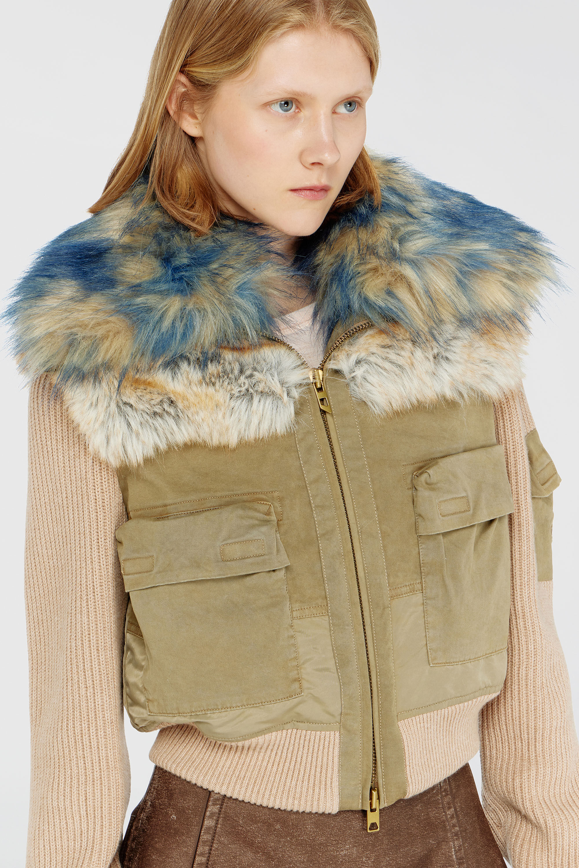 Diesel - G-USTAV, Blouson avec finitions en maille c&ocirc;tel&eacute;e et effet peluche Femme in Beige - 5