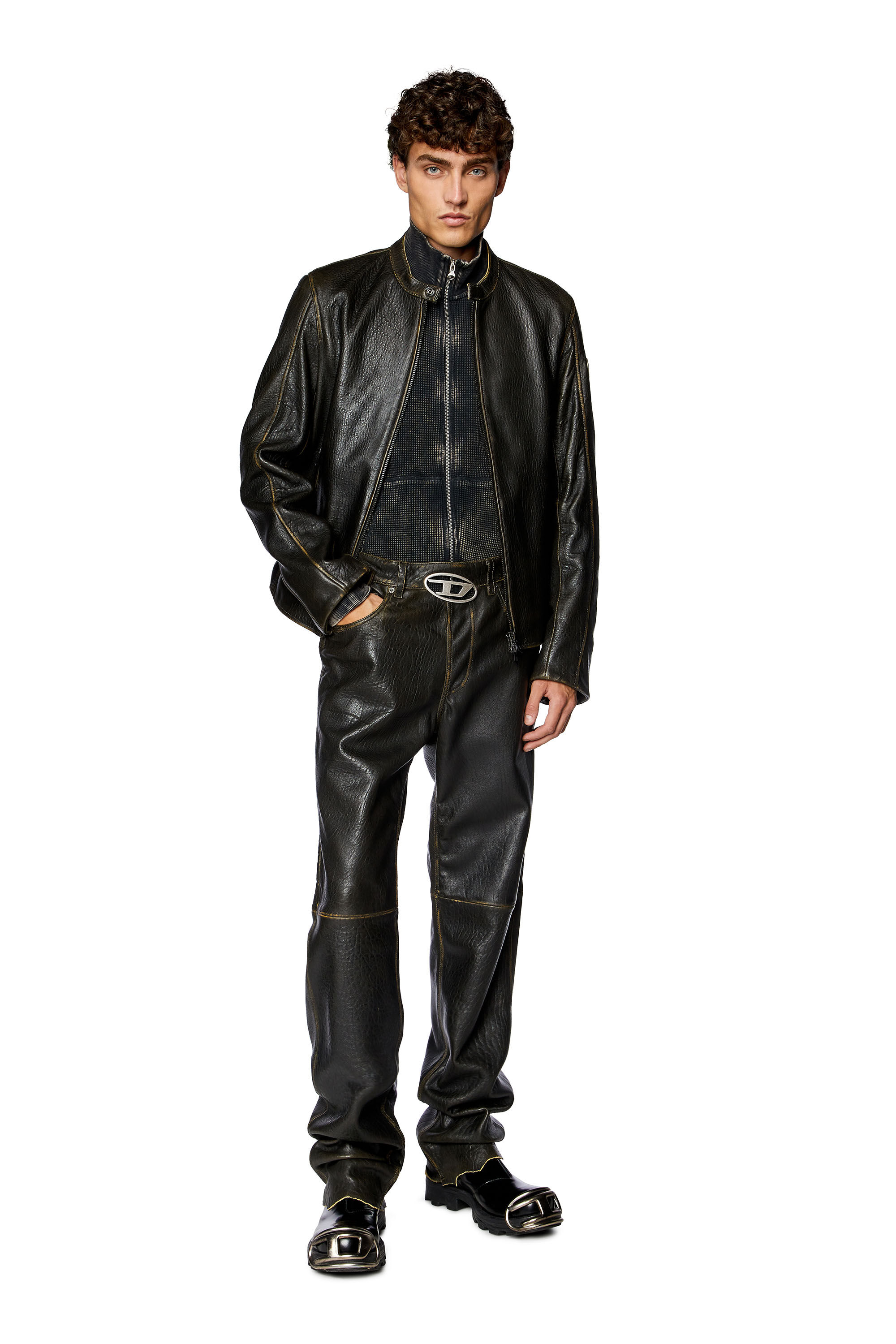 Pantalon en cuir texture avec logo cut out Homme Marron Diesel