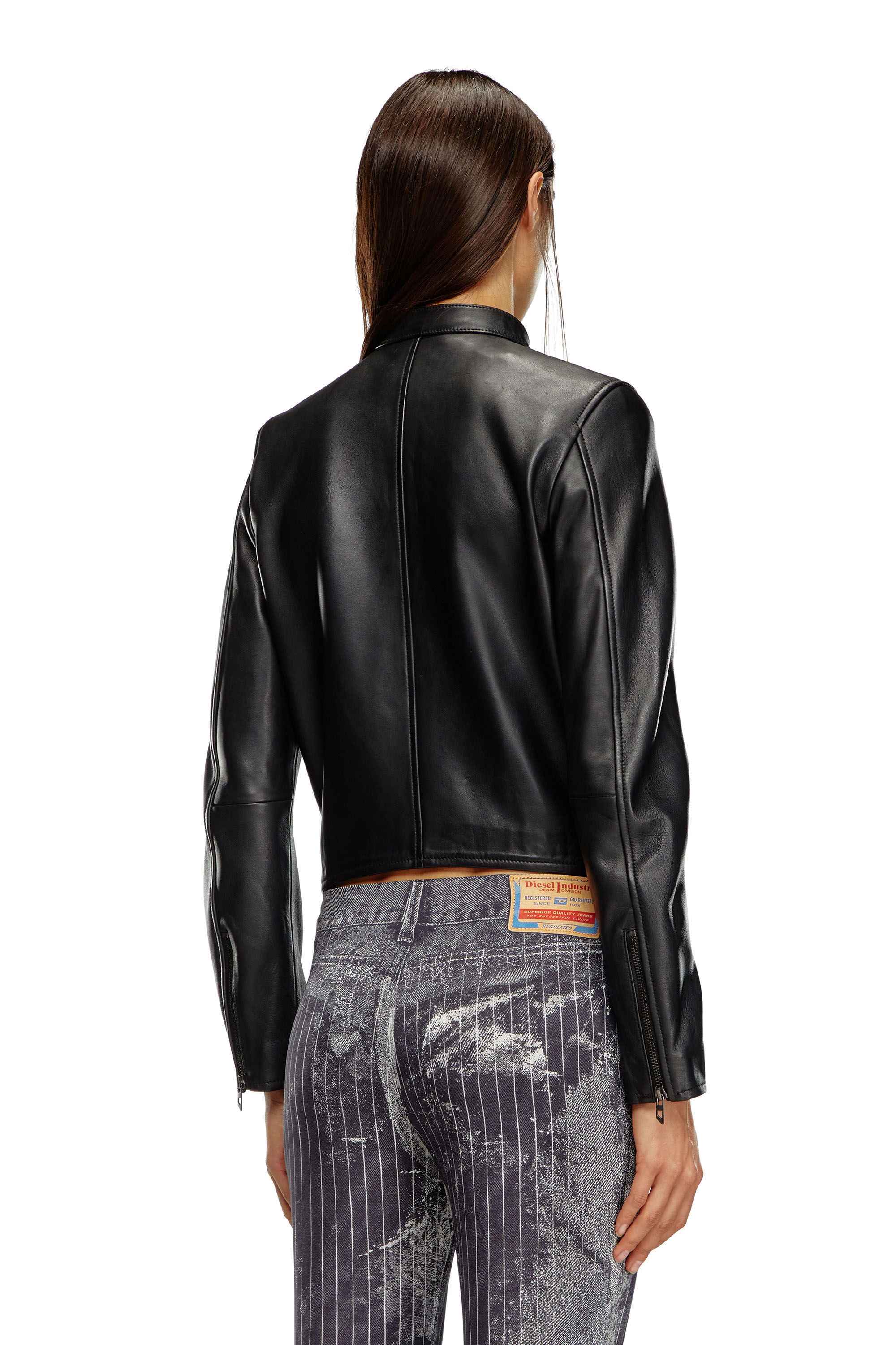 Blouson biker en cuir avec logo embosse Femme Noir Diesel