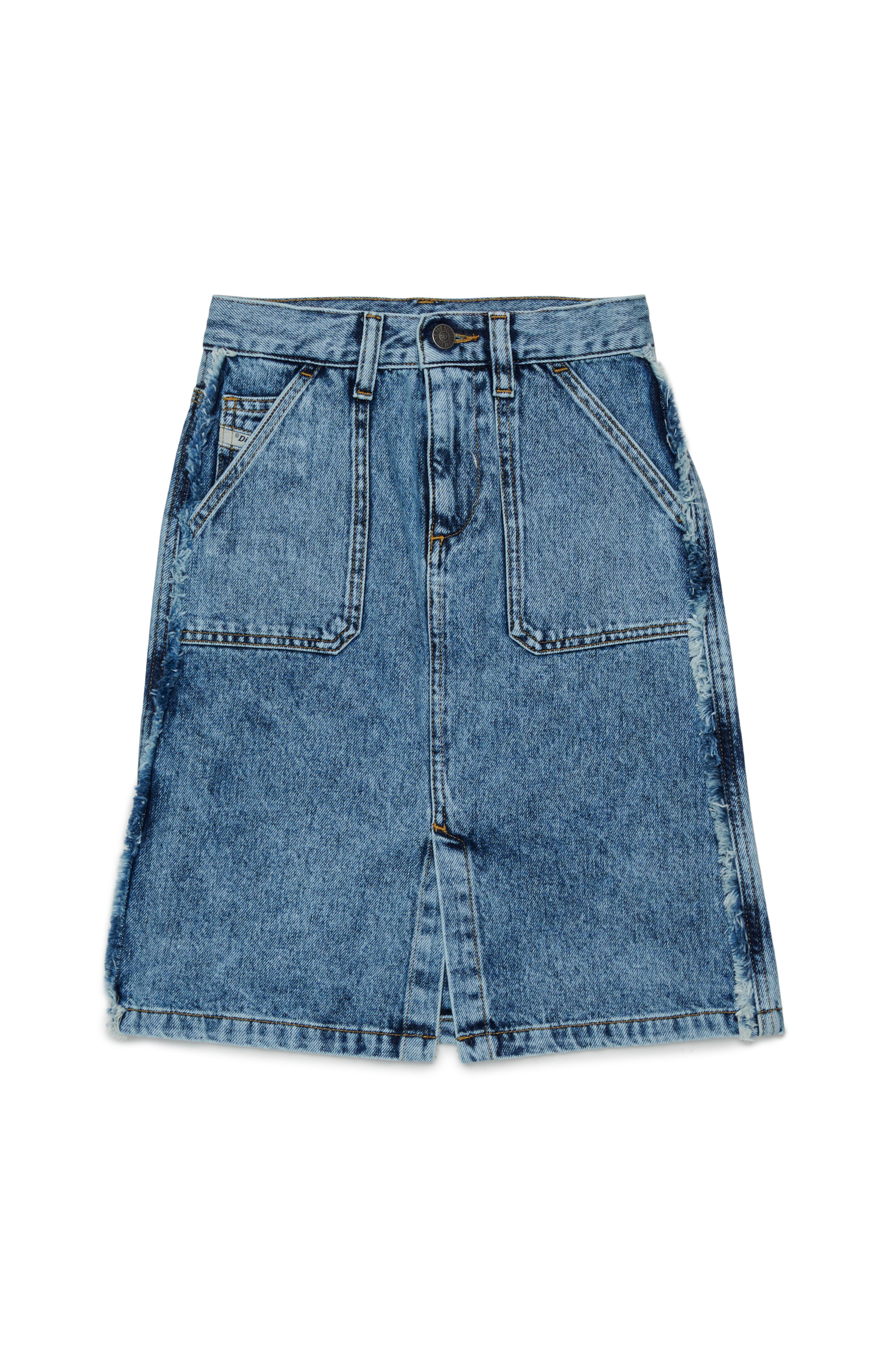 Diesel - GELKA, Jupe en denim effiloch&eacute; avec patch rose Femme in Bleu - 1