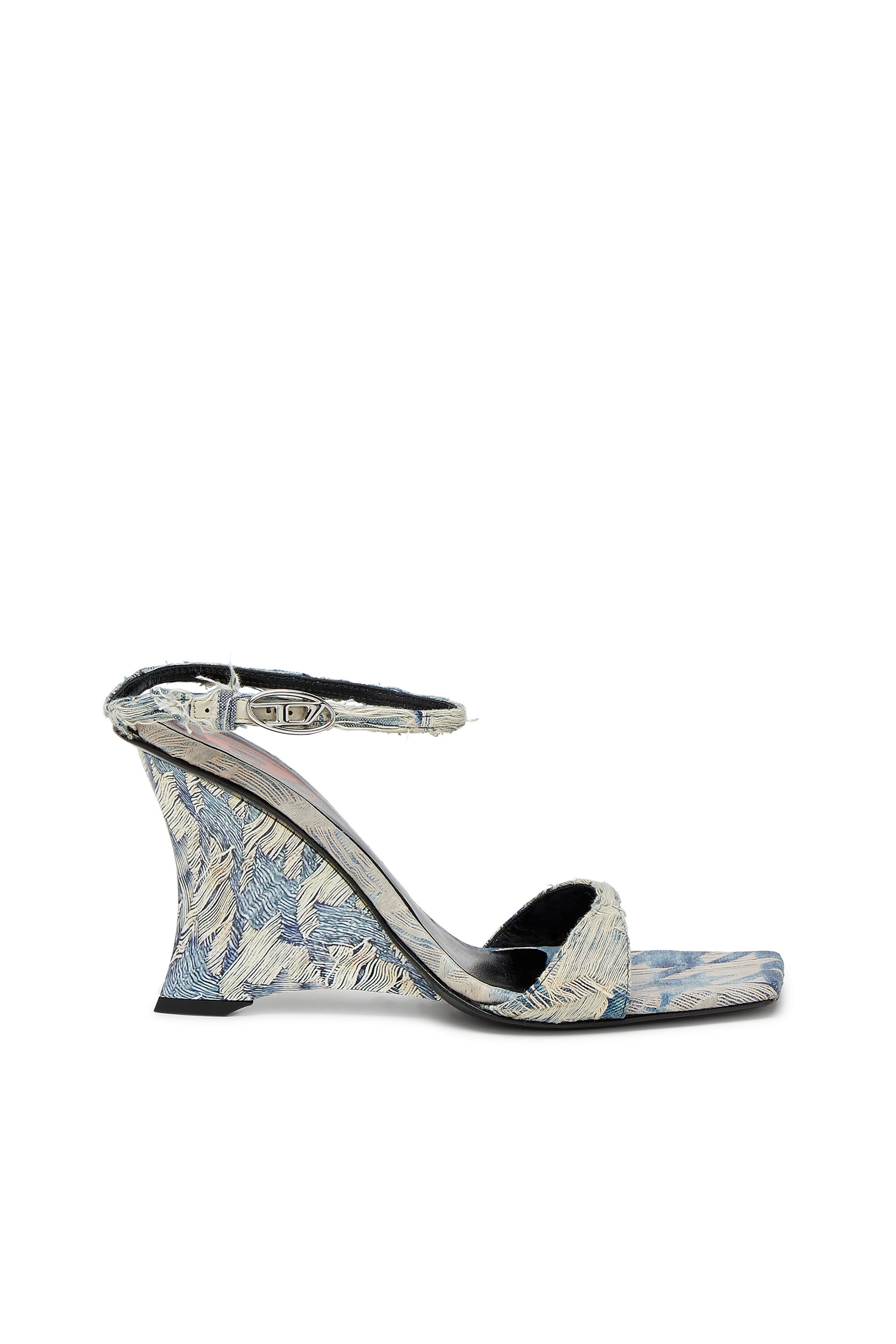 Diesel - D-AMBER SANDAL WEDGE, Sandales à talons compensés en denim jacquard Femme in Bleu - 1