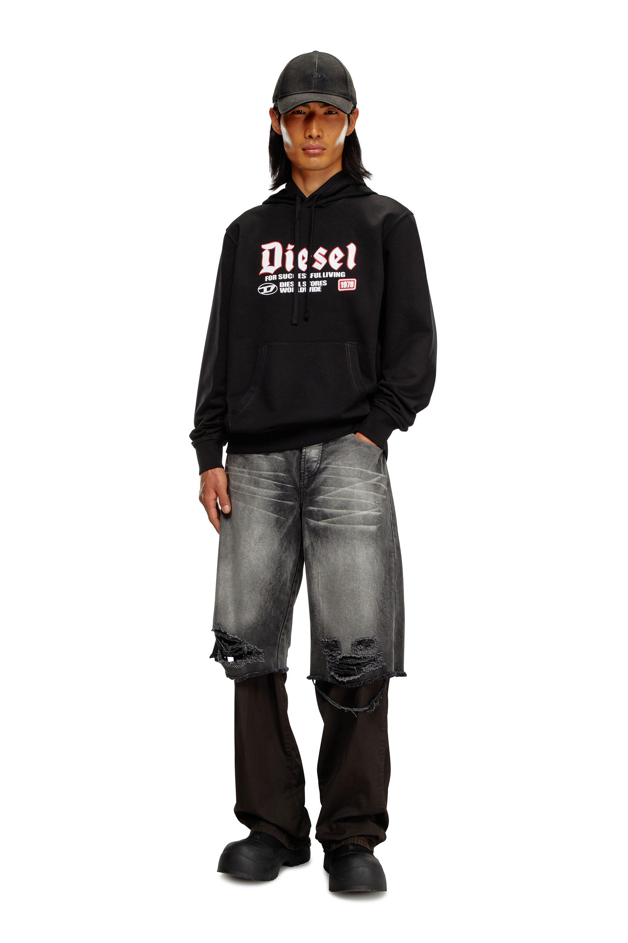Sweat shirt a capuche avec logo floque Homme Noir Diesel